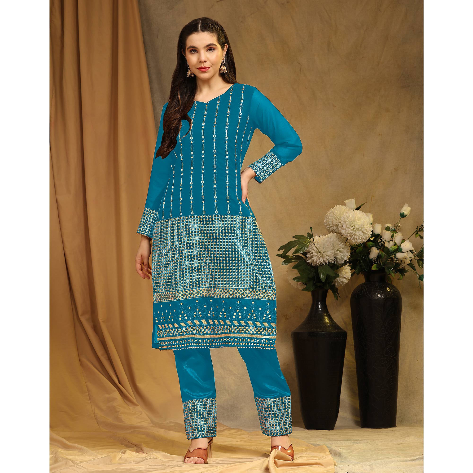 Rama Blue Sequins Embroidered Georgette Semi Stitched Salwar Suit