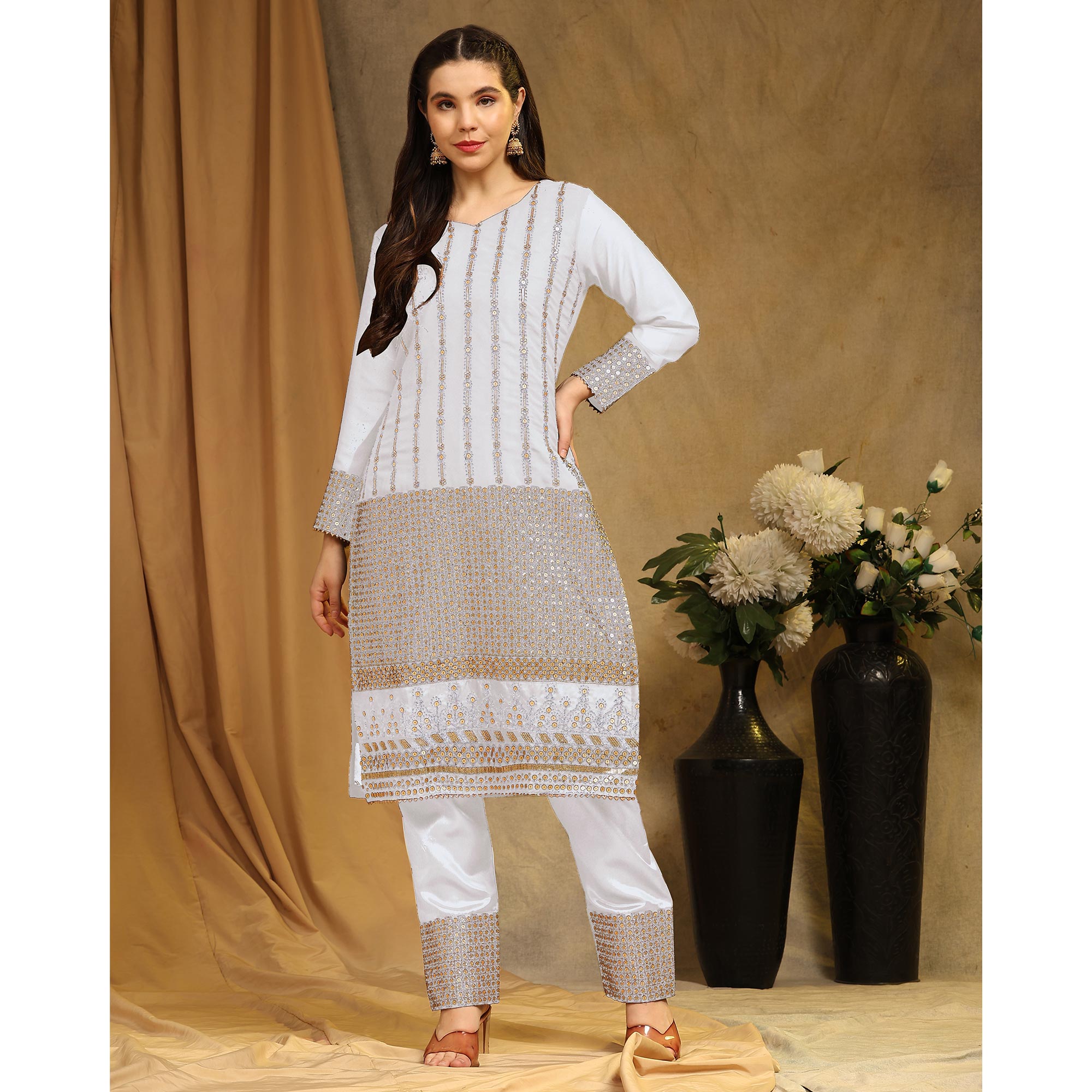 White Sequins Embroidered Georgette Semi Stitched Salwar Suit