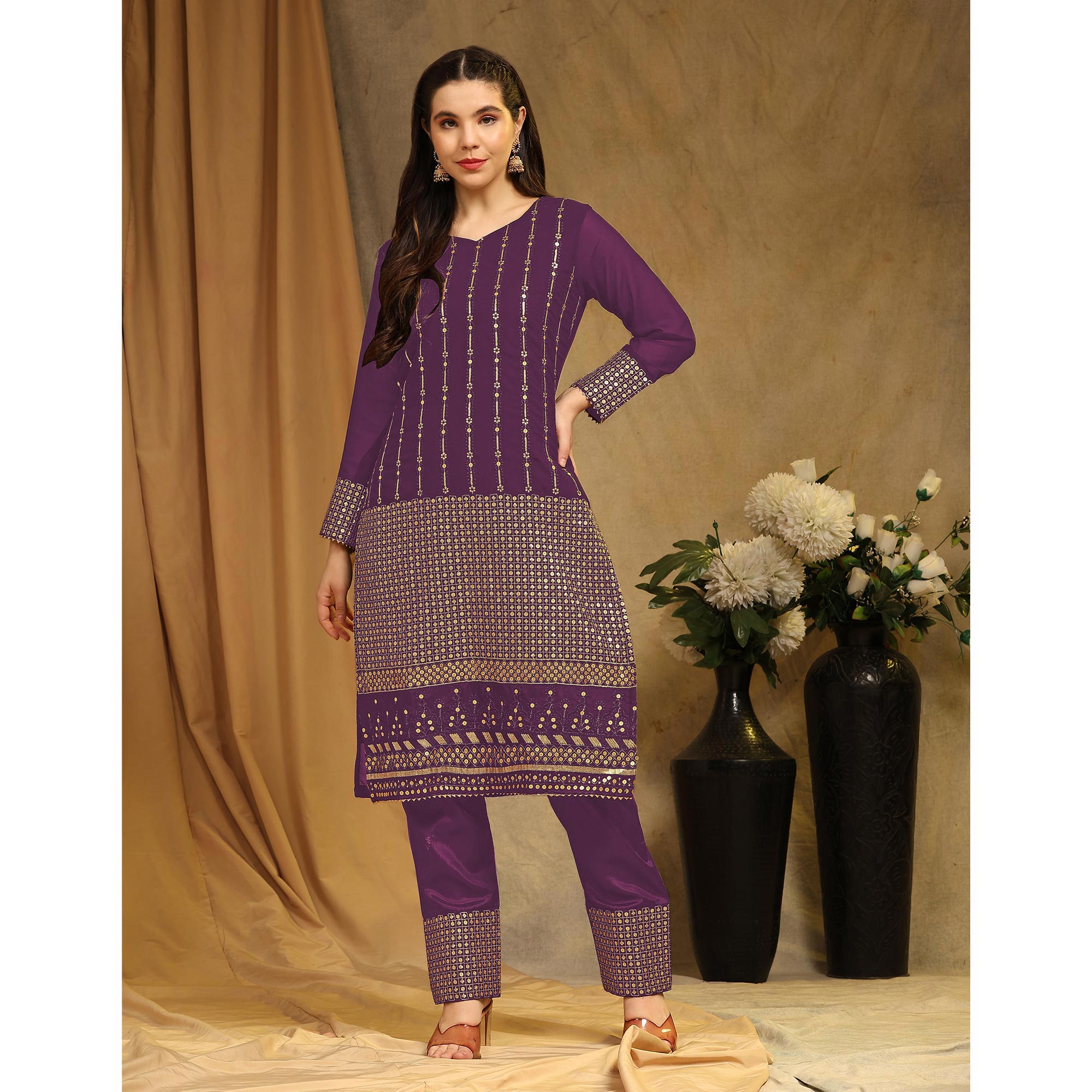 Wine Sequins Embroidered Georgette Semi Stitched Salwar Suit