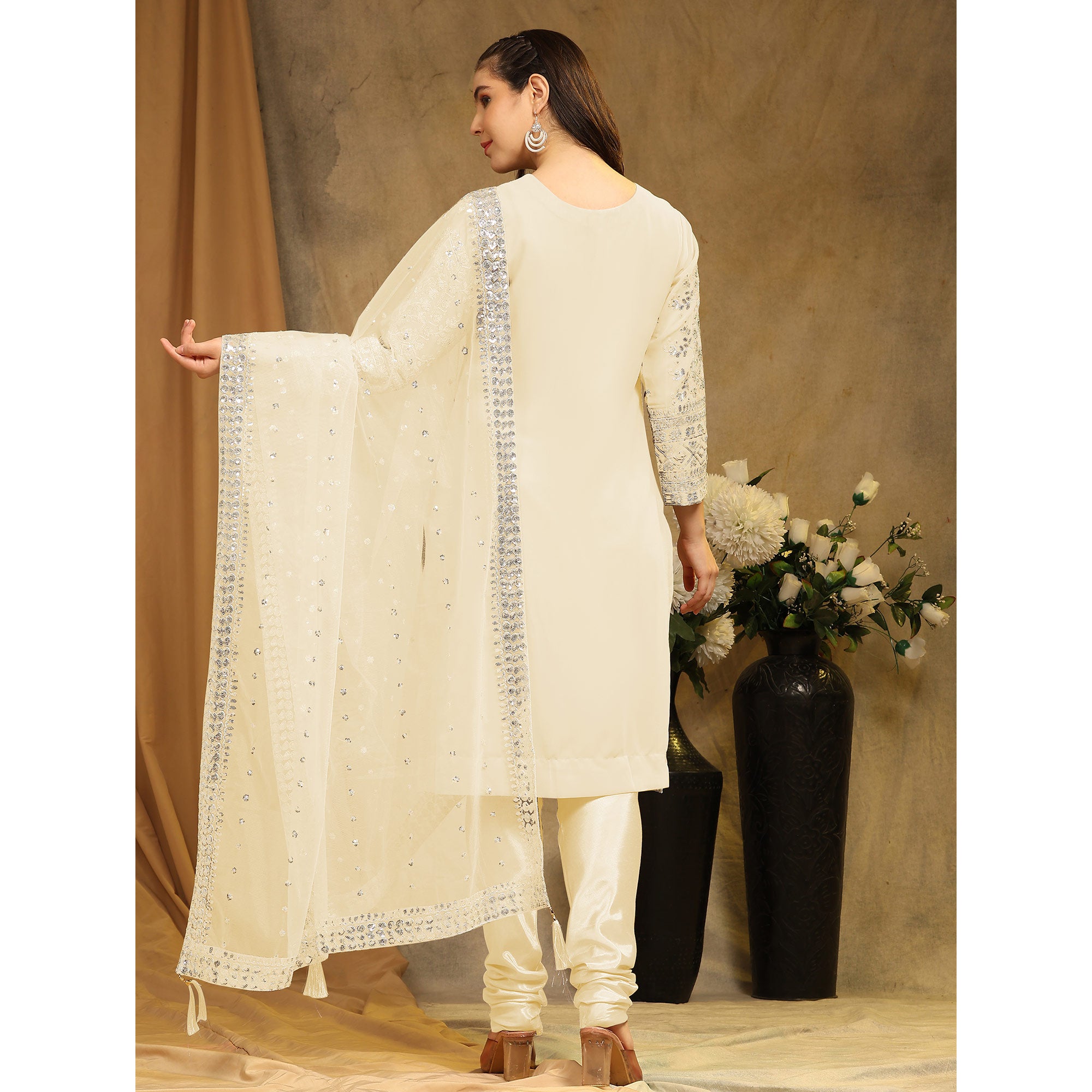 Cream Sequins Embroidered Georgette Semi Stitched Salwar Suit