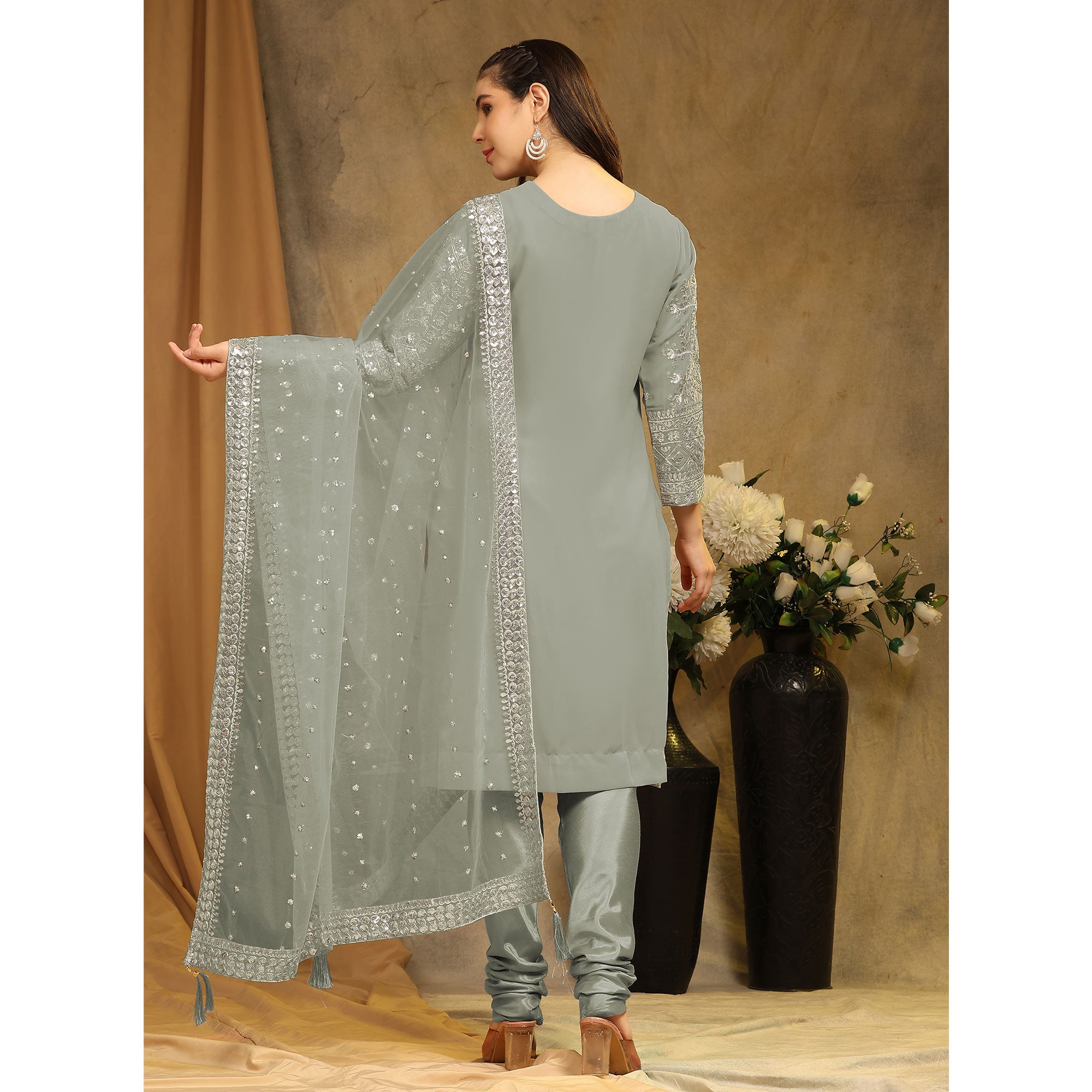 Dusty Green Sequins Embroidered Georgette Semi Stitched Salwar Suit