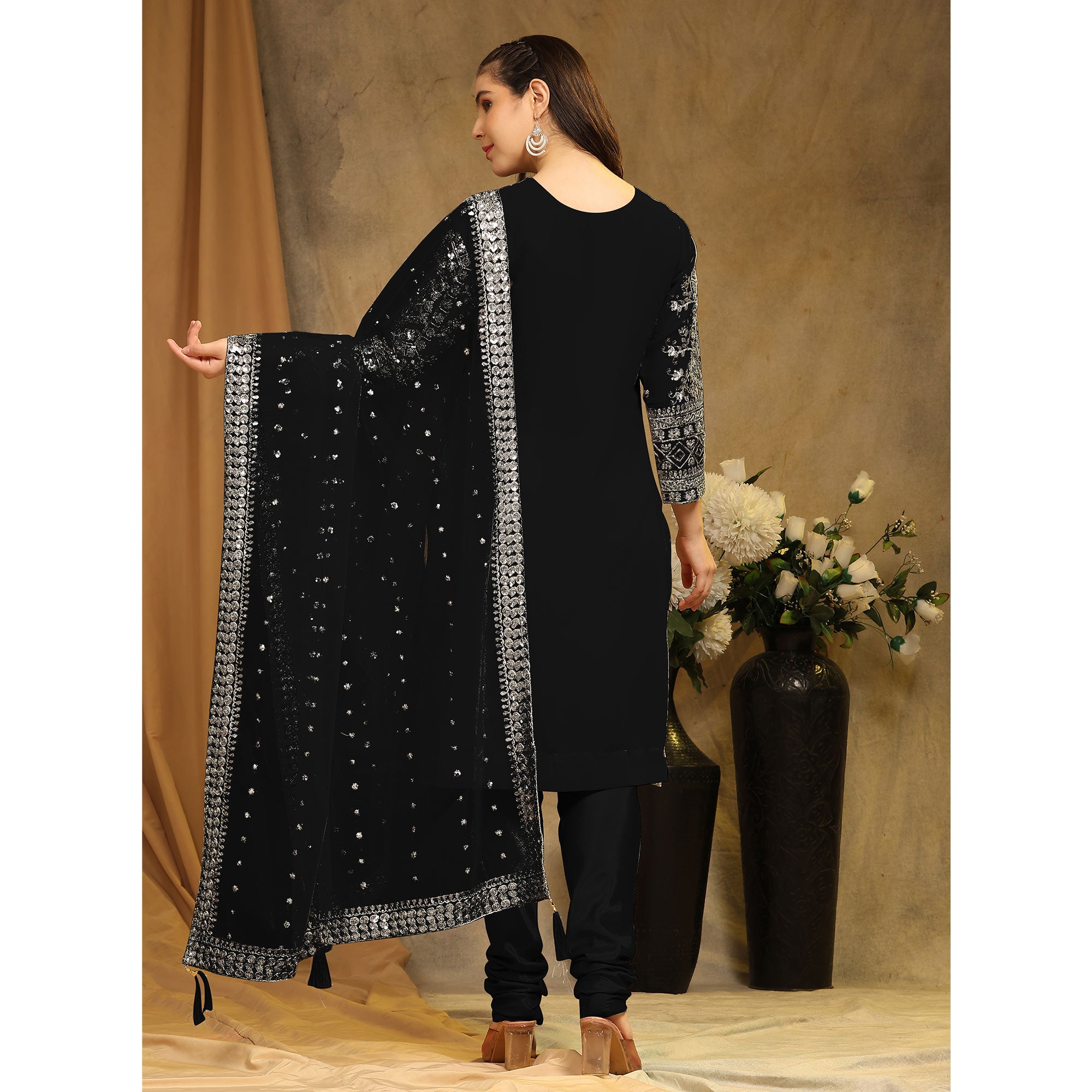 Black Sequins Embroidered Georgette Semi Stitched Salwar Suit