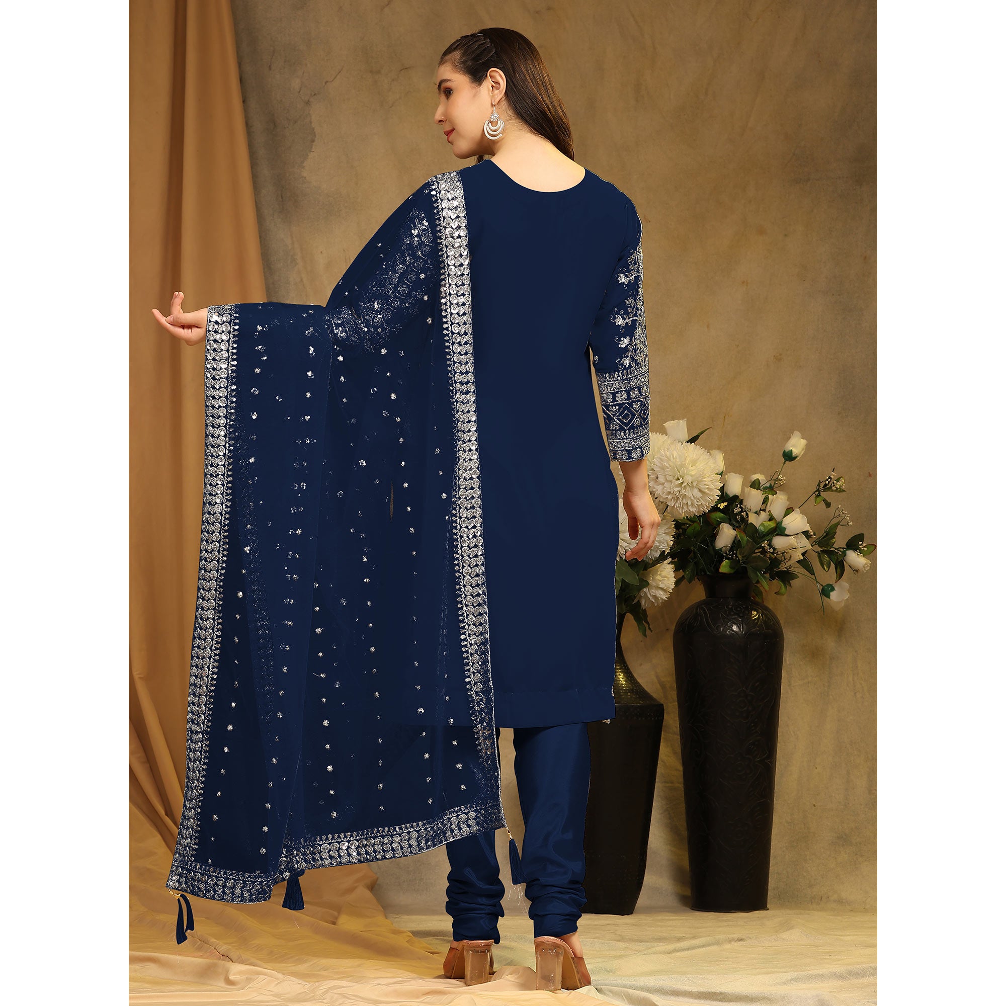 Blue Sequins Embroidered Georgette Semi Stitched Salwar Suit