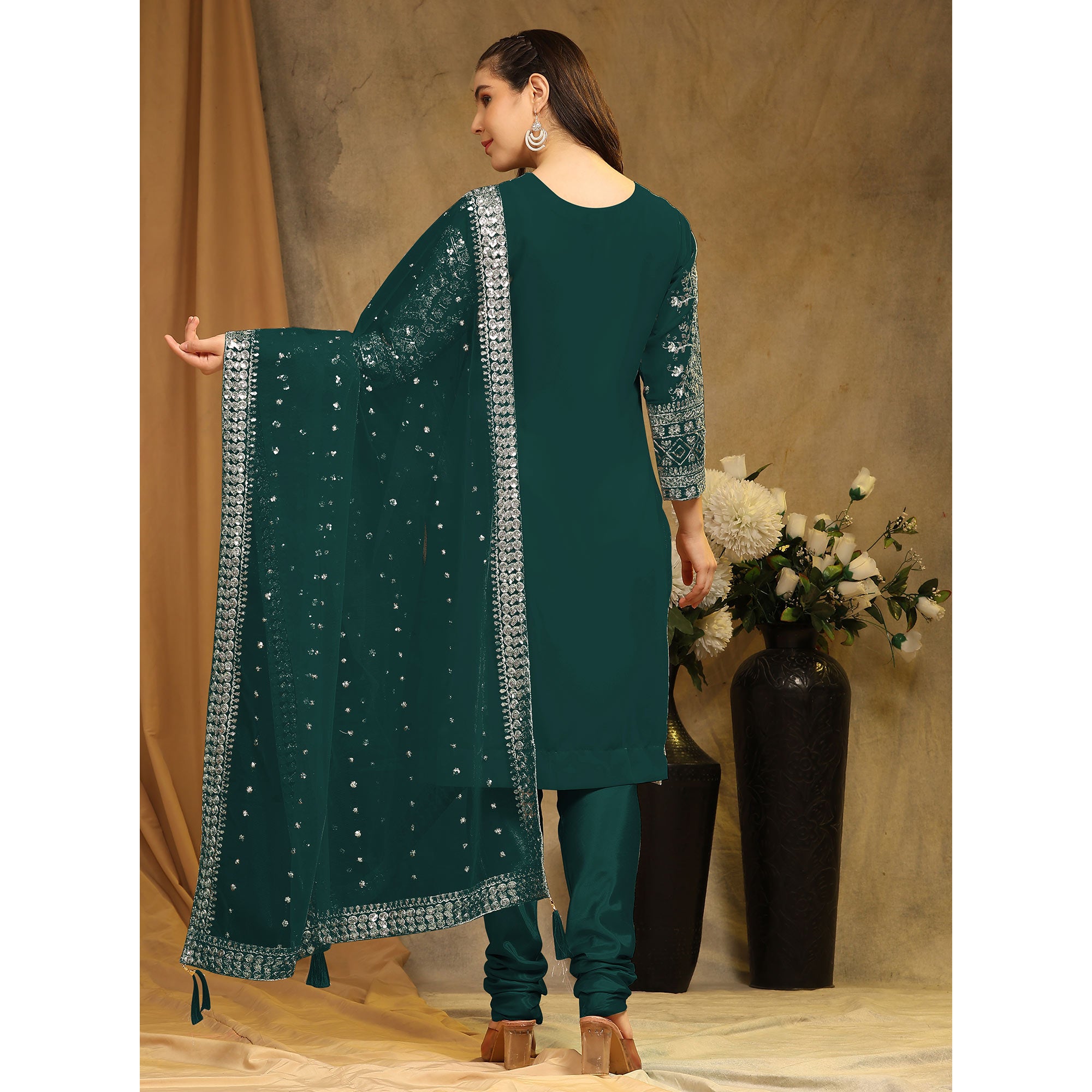 Rama Green Sequins Embroidered Georgette Semi Stitched Salwar Suit