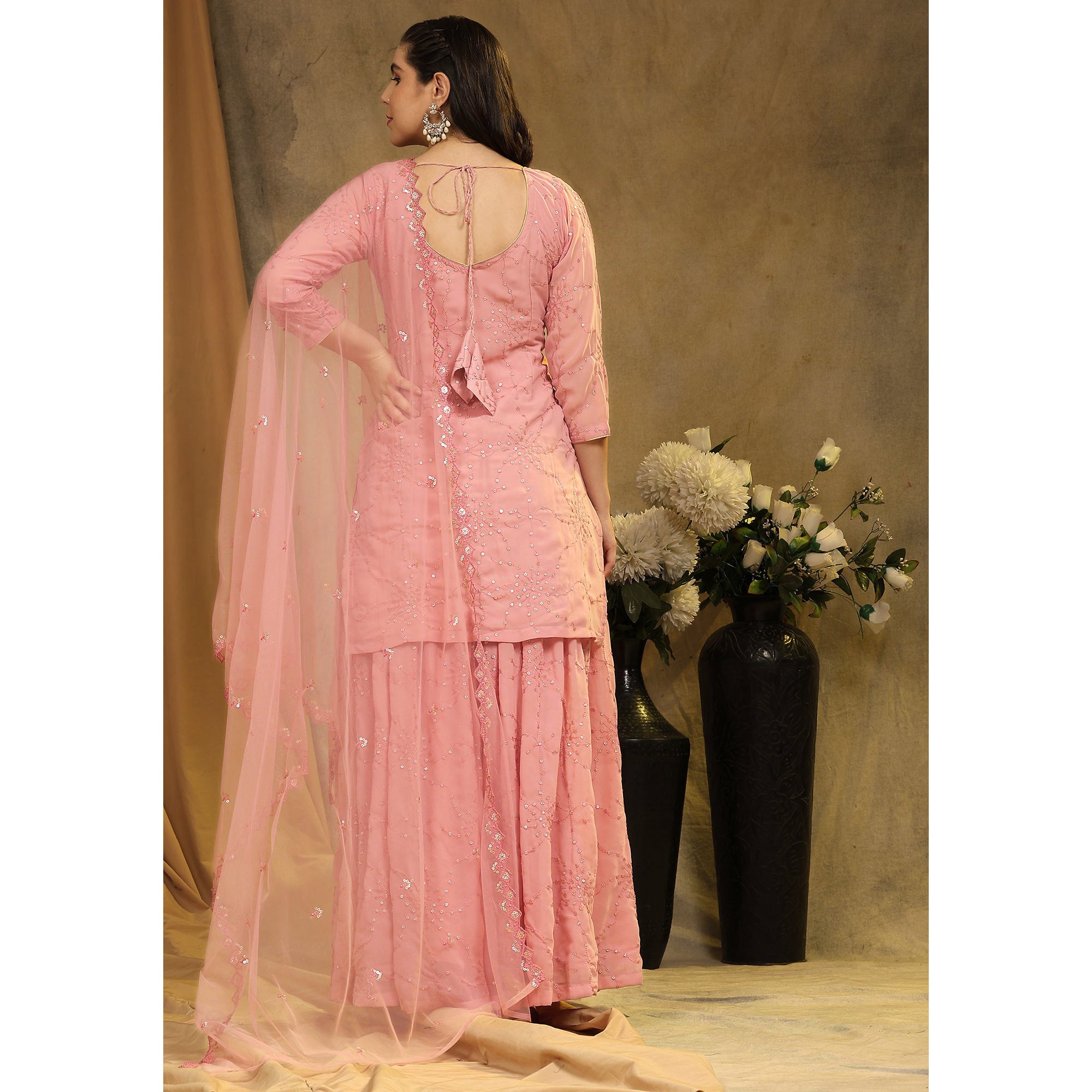 Peach Embroidered Georgette Semi Stitched Sharara Suit