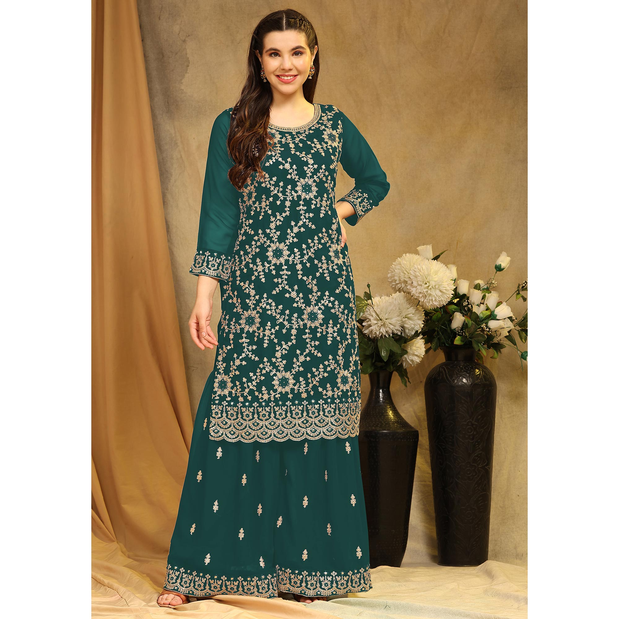 Green Floral Embroidered Georgette Semi Stitched Suit