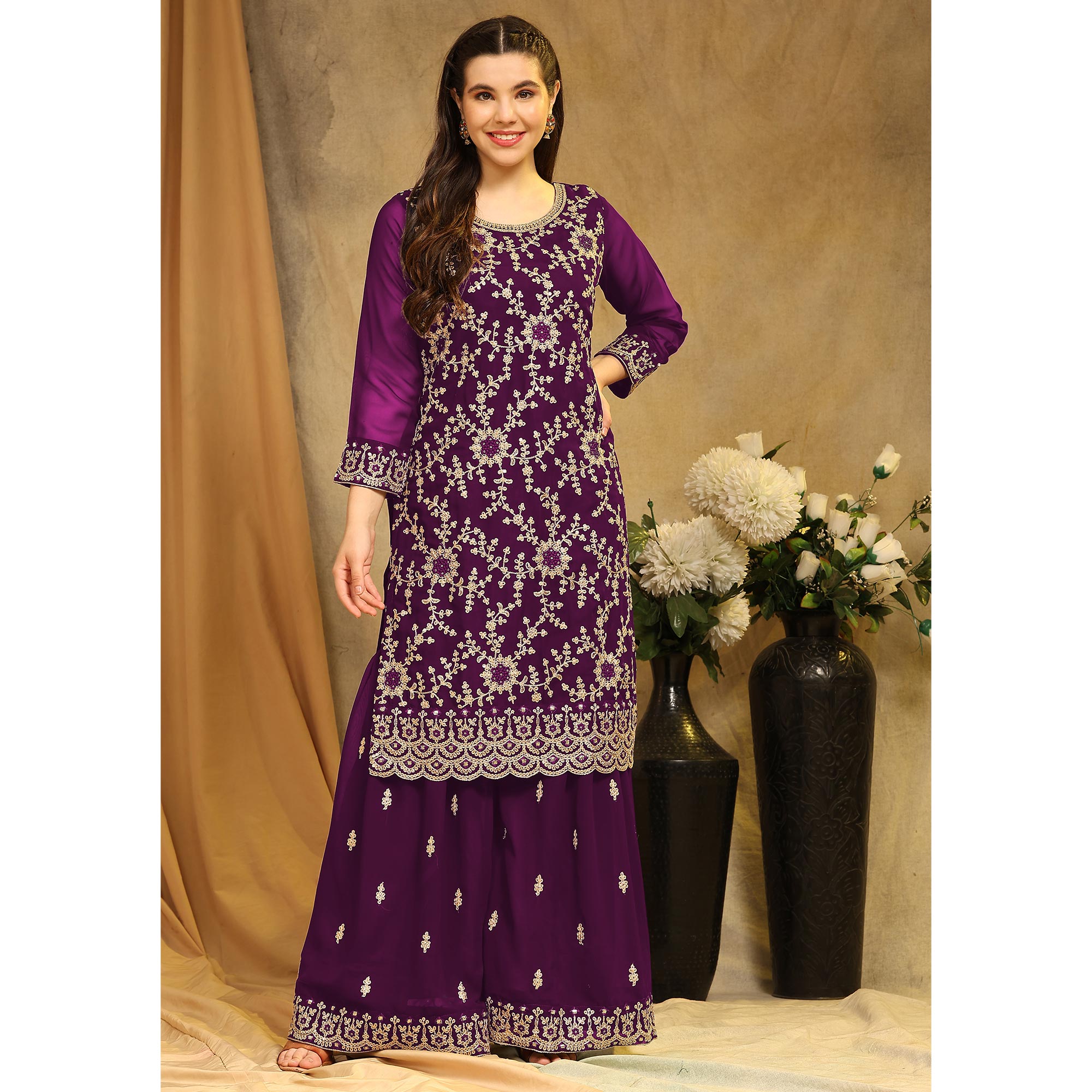 Purple Floral Embroidered Georgette Semi Stitched Suit