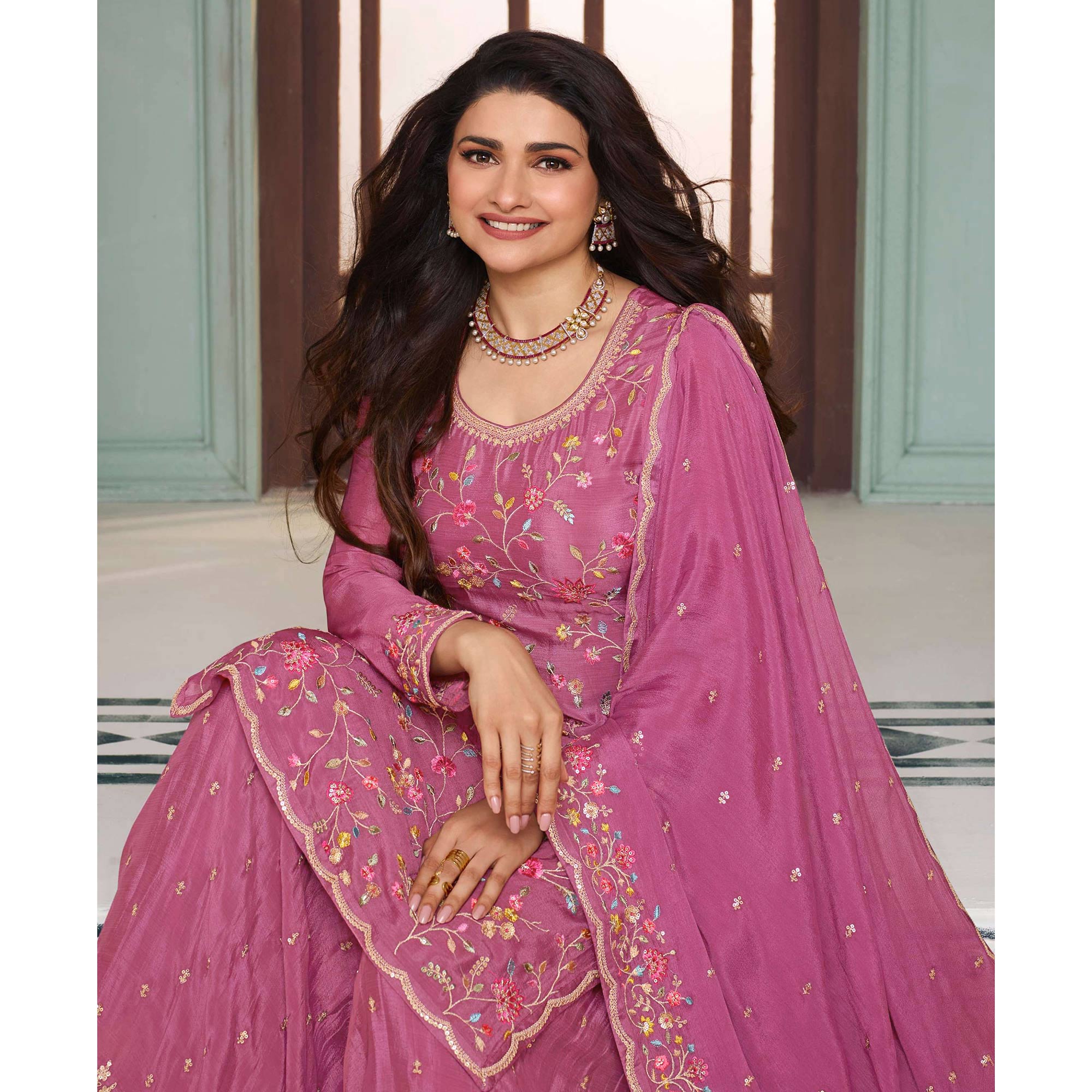 Dark Mauve Floral Embroidered Chinon Sharara Salwar Suit