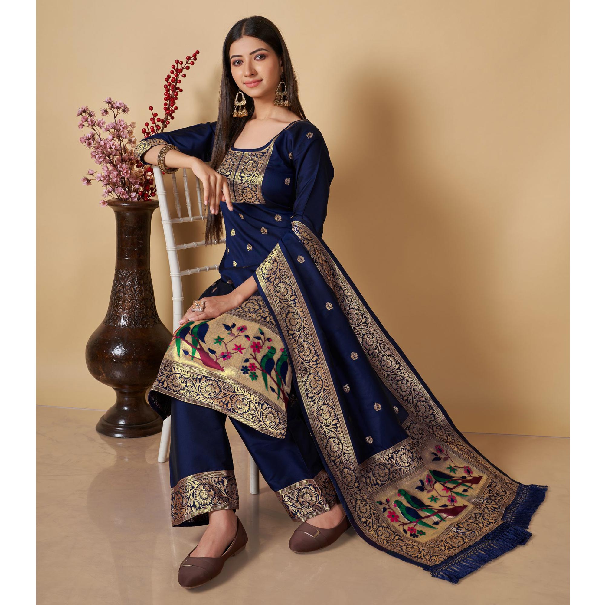 Navy Blue Floral Woven Banarasi Silk Paithani Dress Material