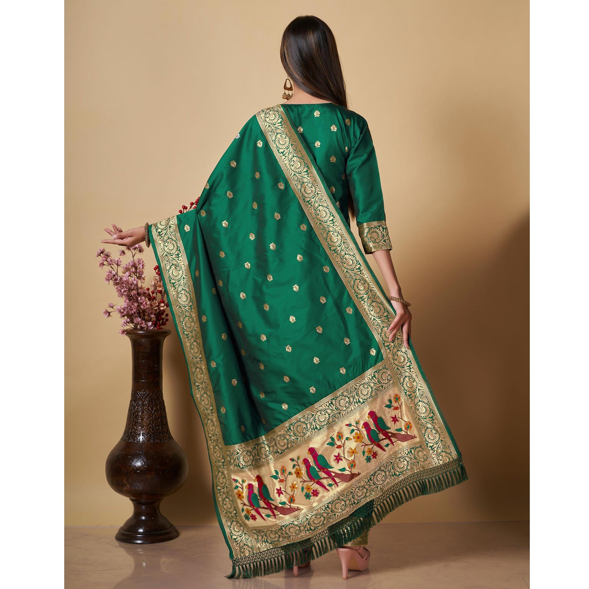 Green Floral Woven Banarasi Silk Paithani Dress Material