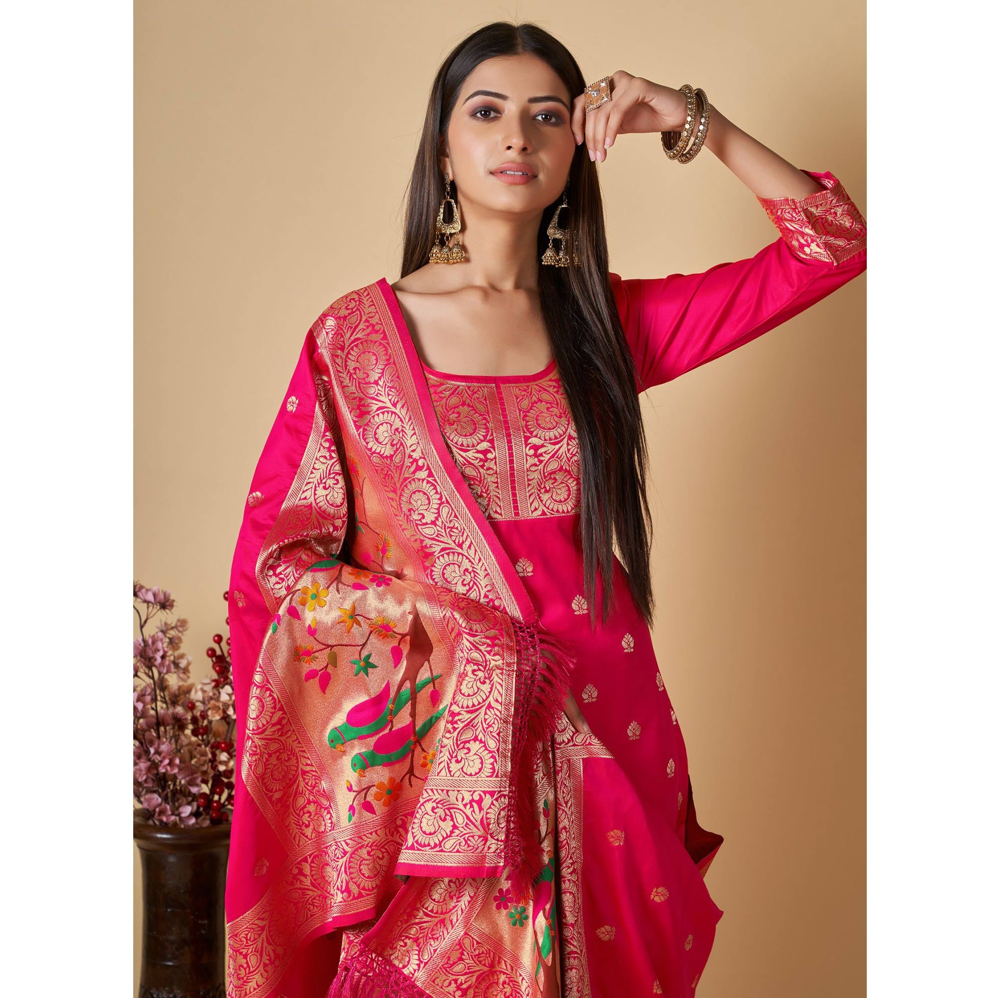 Pink Floral Woven Banarasi Silk Paithani Dress Material