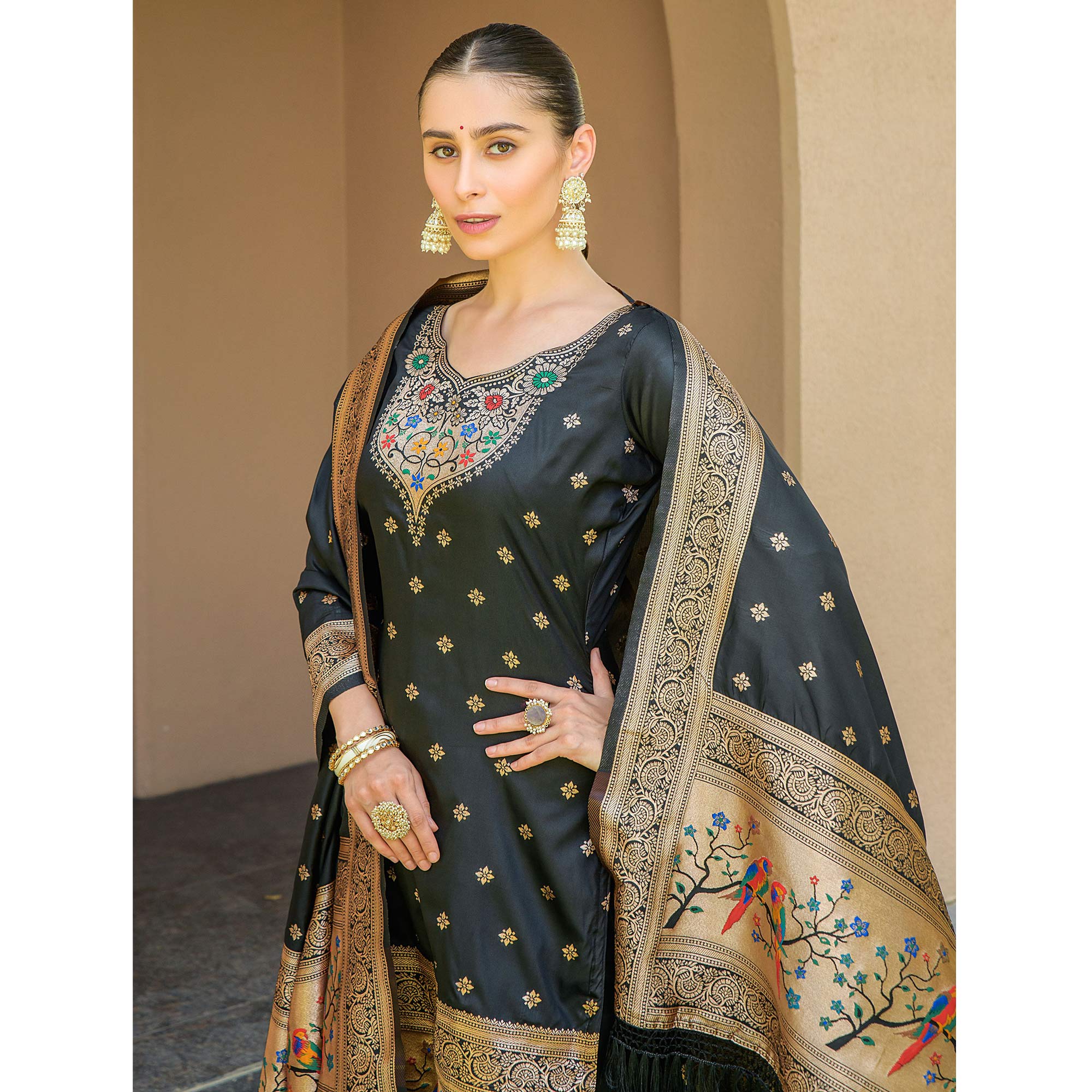 Black Floral Woven Banarasi Silk Paithani Dress Material