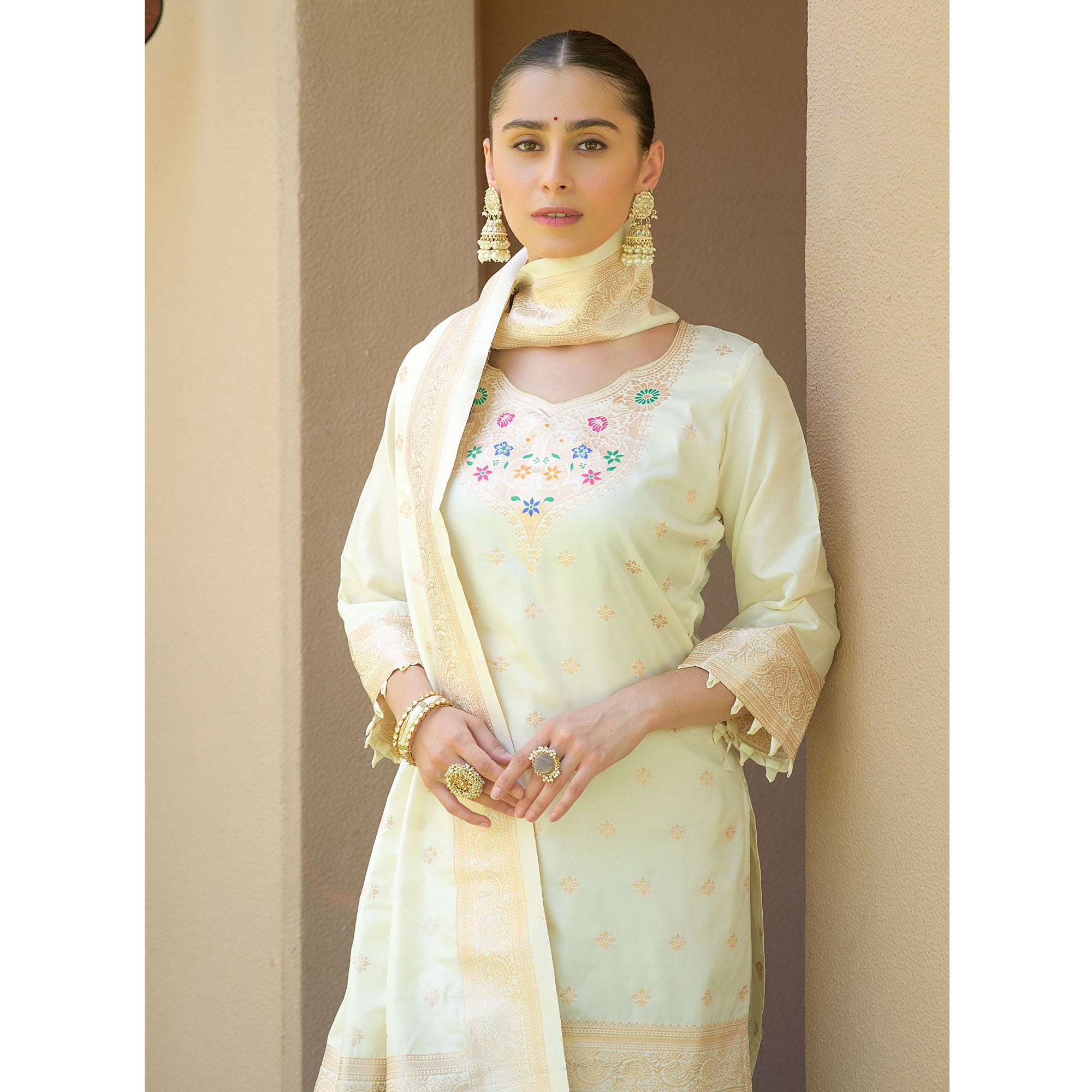 Off white Floral Woven Banarasi Silk Paithani Dress Material