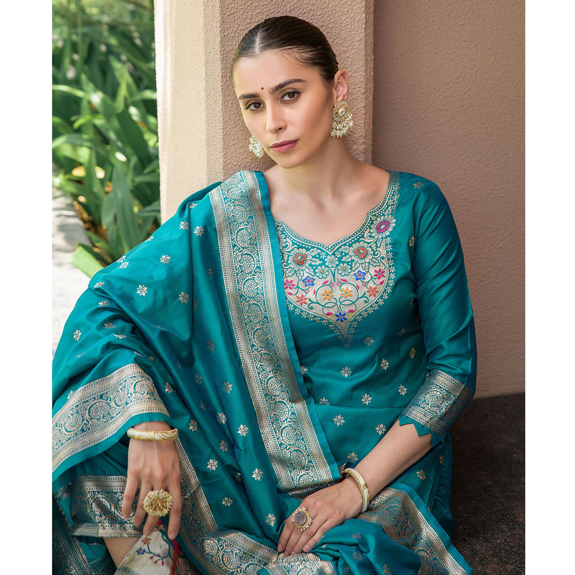 Rama Blue Floral Woven Banarasi Silk Paithani Dress Material