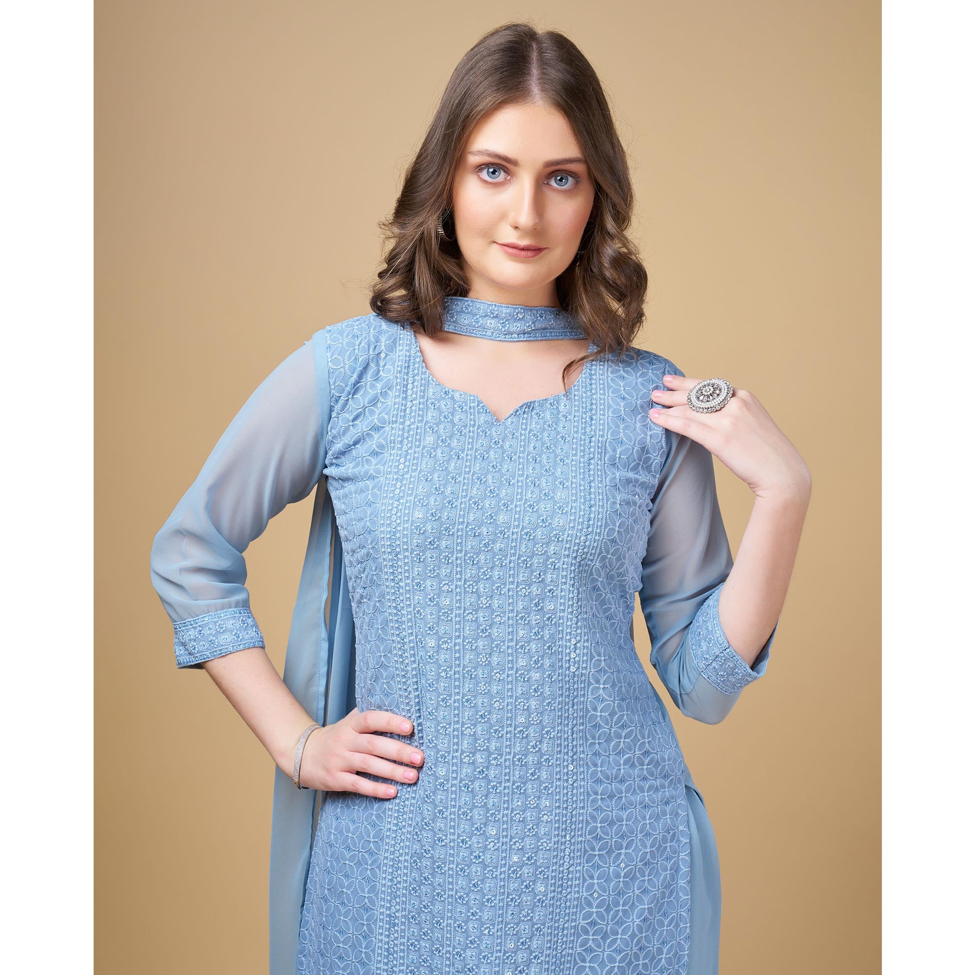 Sky Blue Embroidered Georgette Kurti Sharara Suit