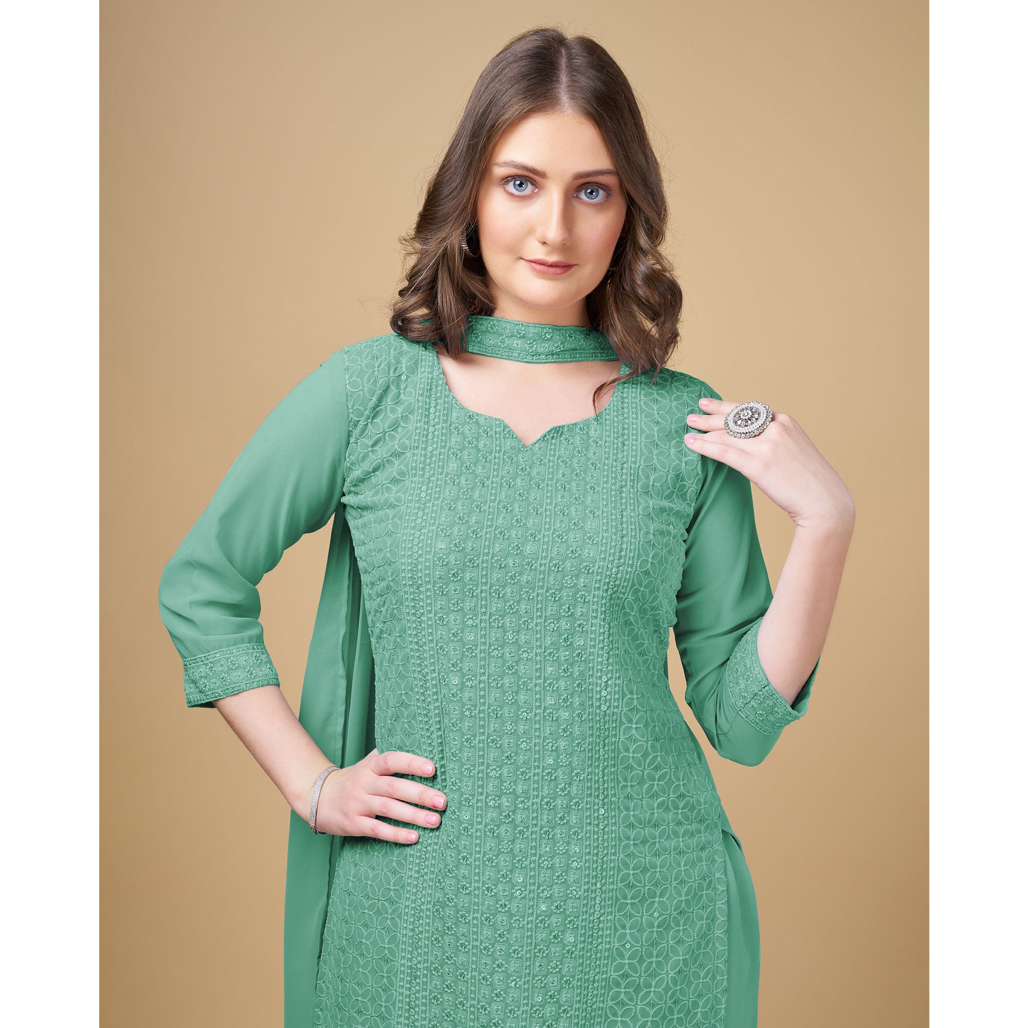 Green Embroidered Georgette Kurti Sharara Suit