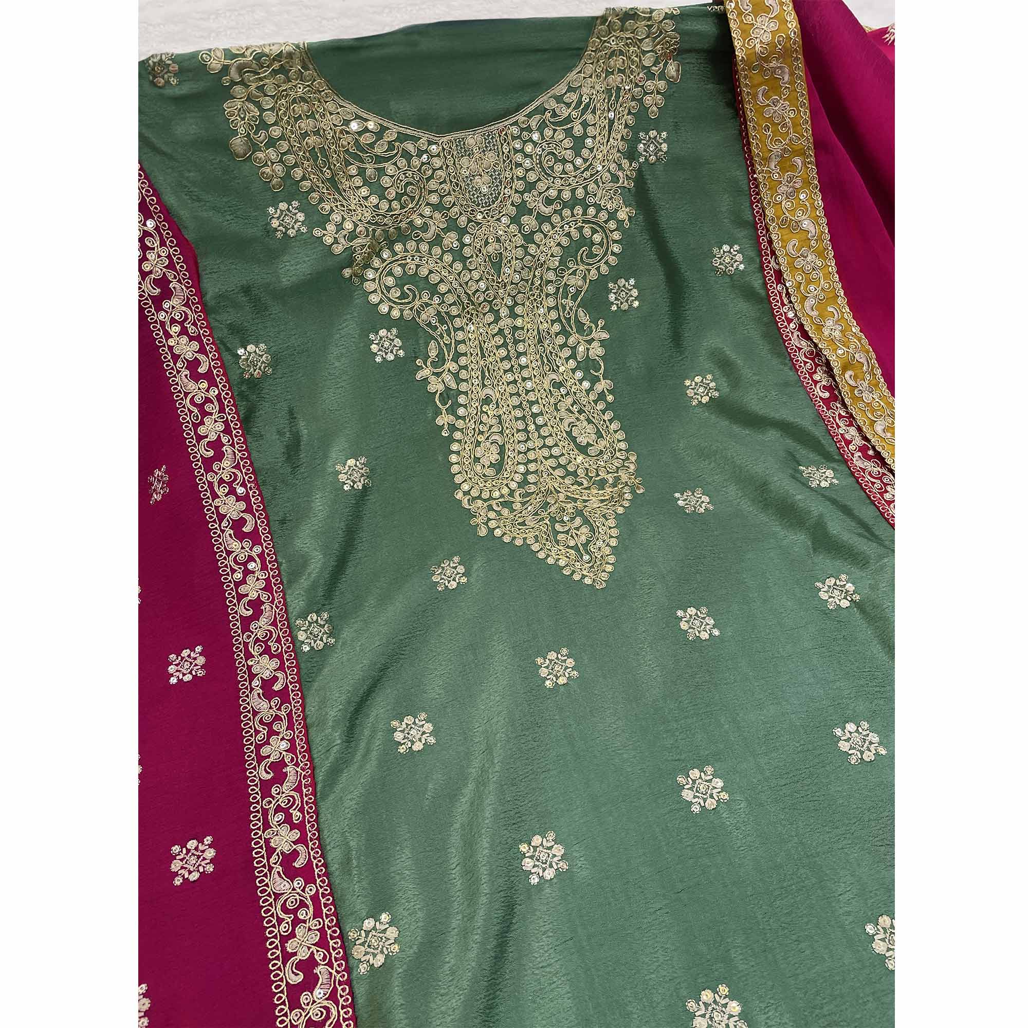 Green Embroidered Sequins Work Chinon Semi-Stitched Salwar Suit