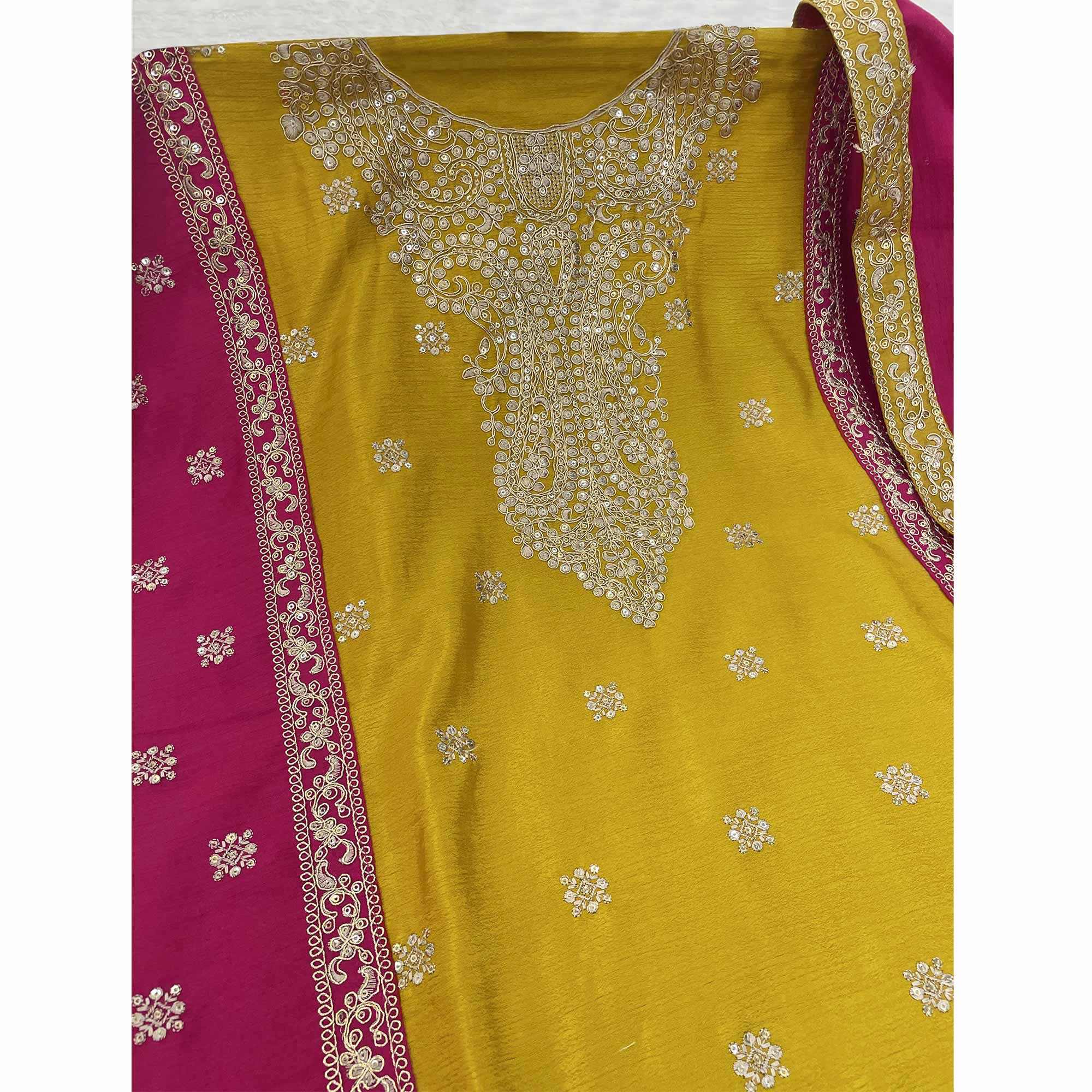 Mustard Embroidered Sequins Work Chinon Semi-Stitched Salwar Suit