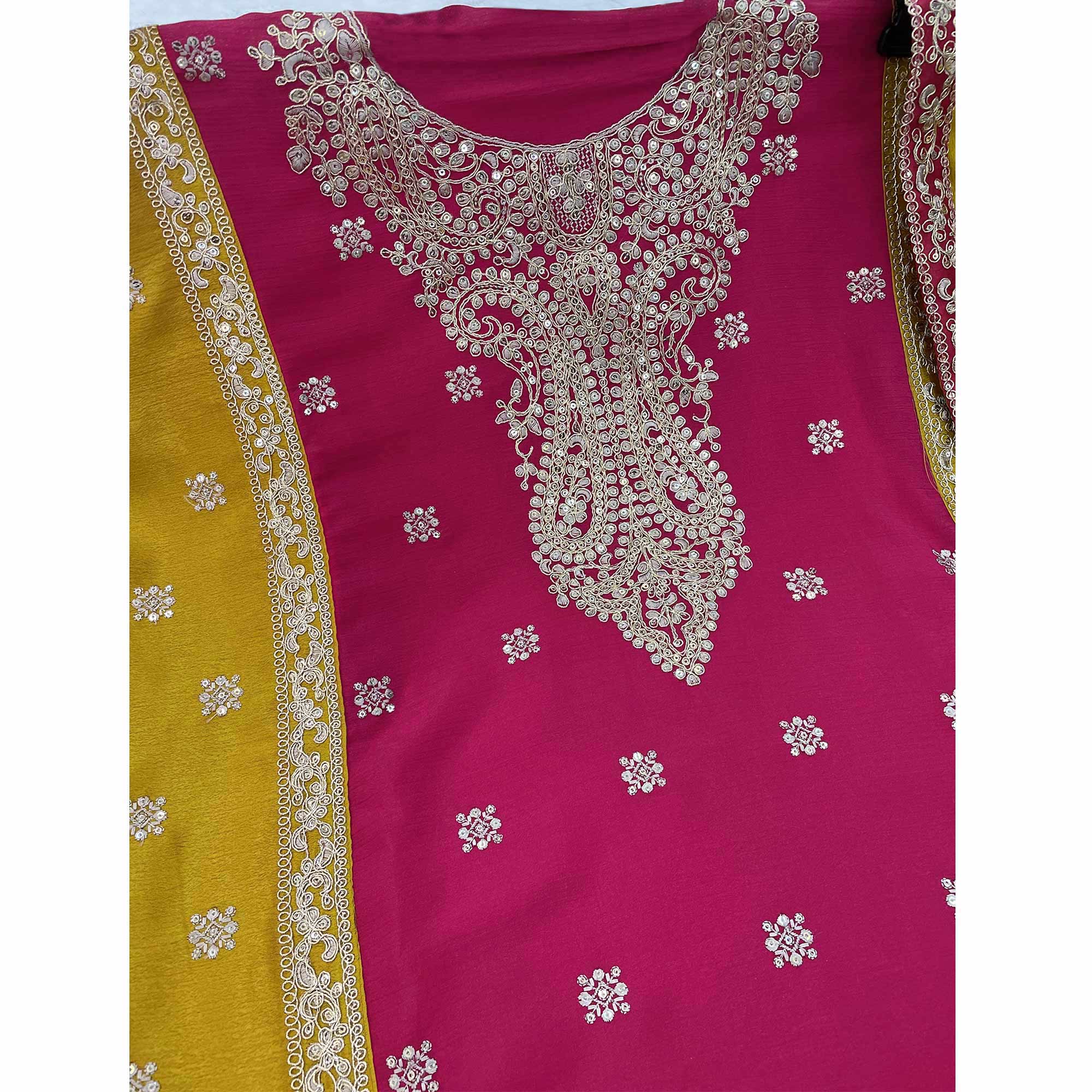 Pink Embroidered Sequins Work Chinon Semi-Stitched Salwar Suit