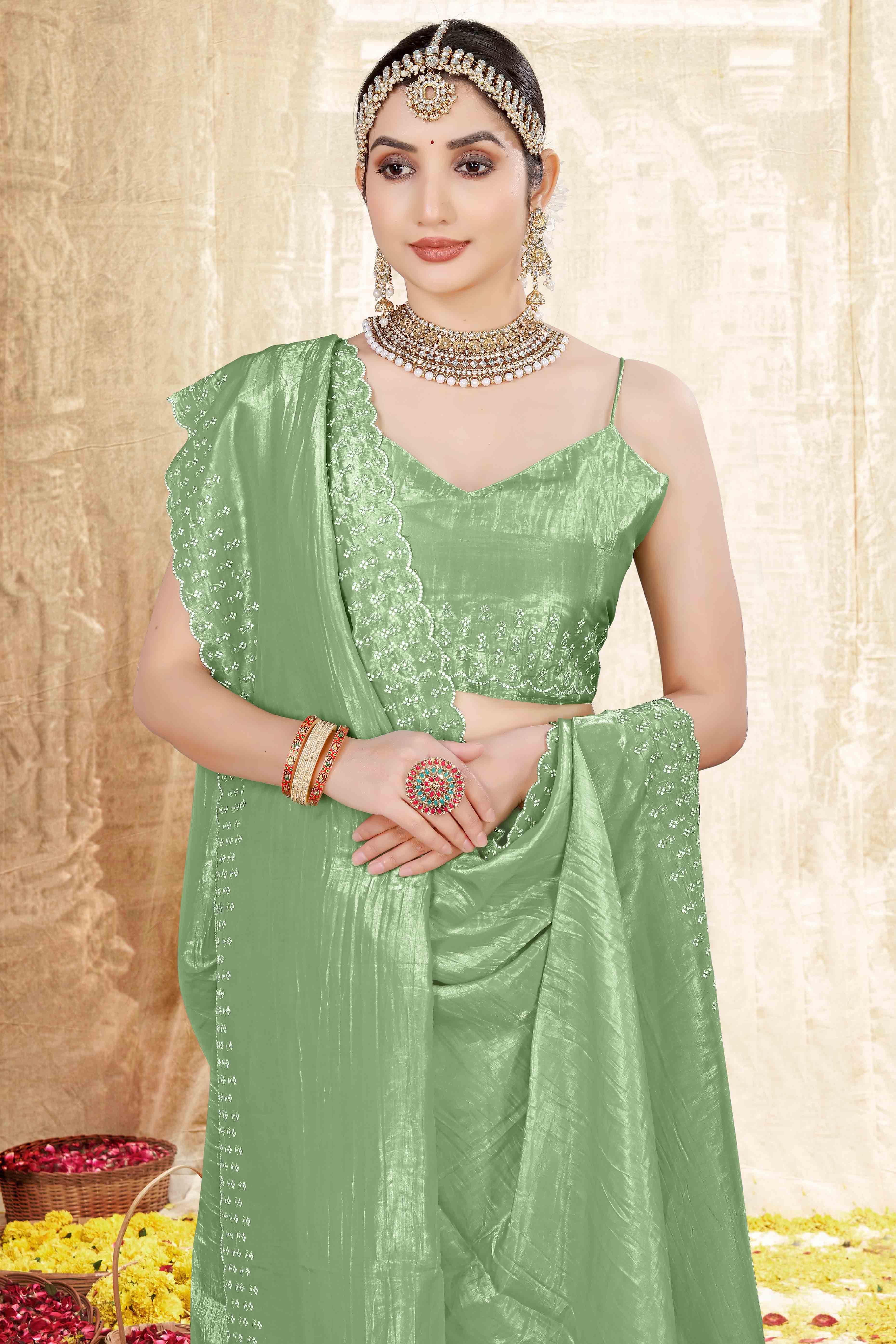 Green Zarkan Diamond Work Tissue Gold Crush Saree