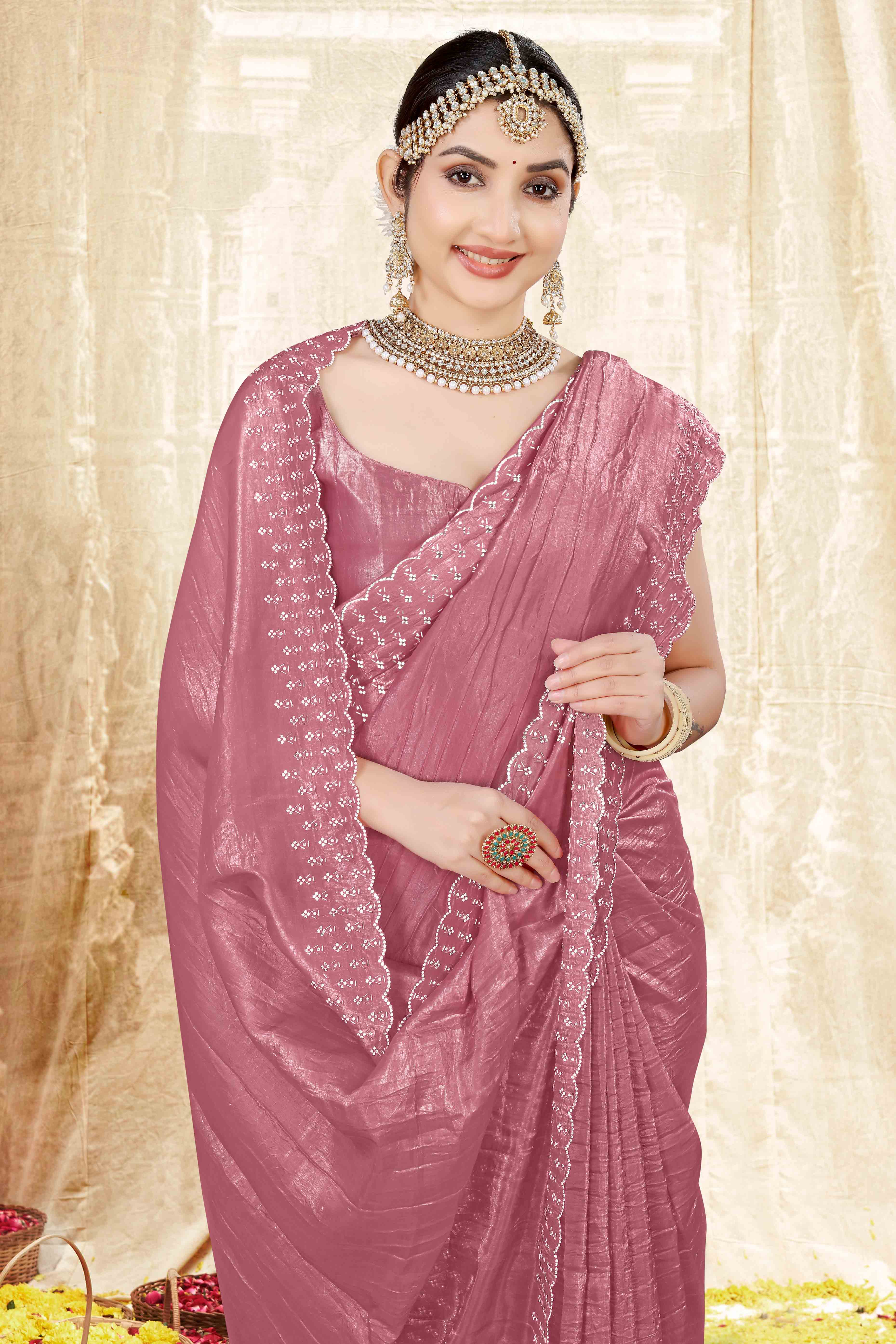 Dusty Pink Zarkan Diamond Work Tissue Gold Crush Saree