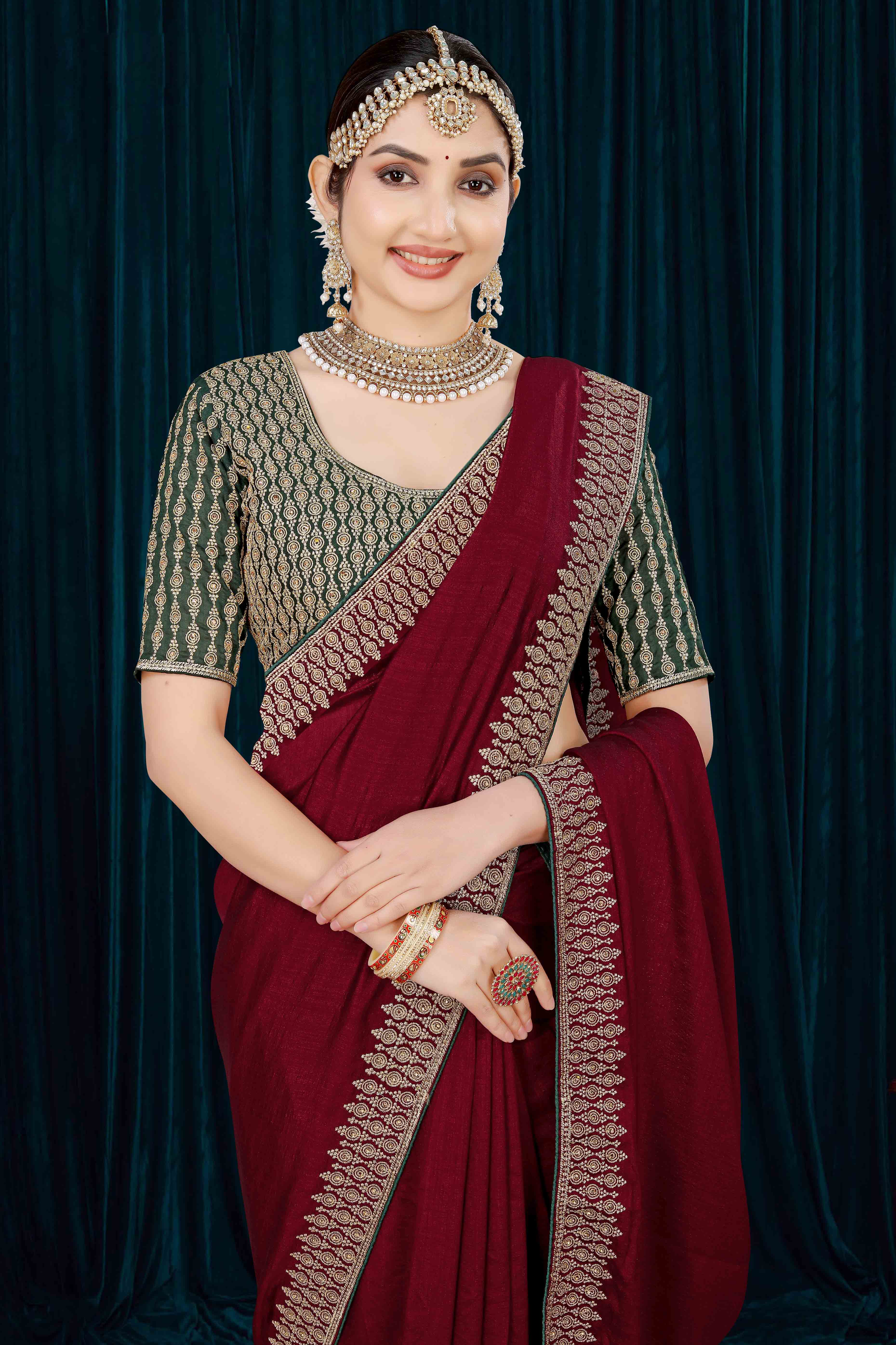 Maroon Solid With Zari Embroidered Vichitra Silk Saree