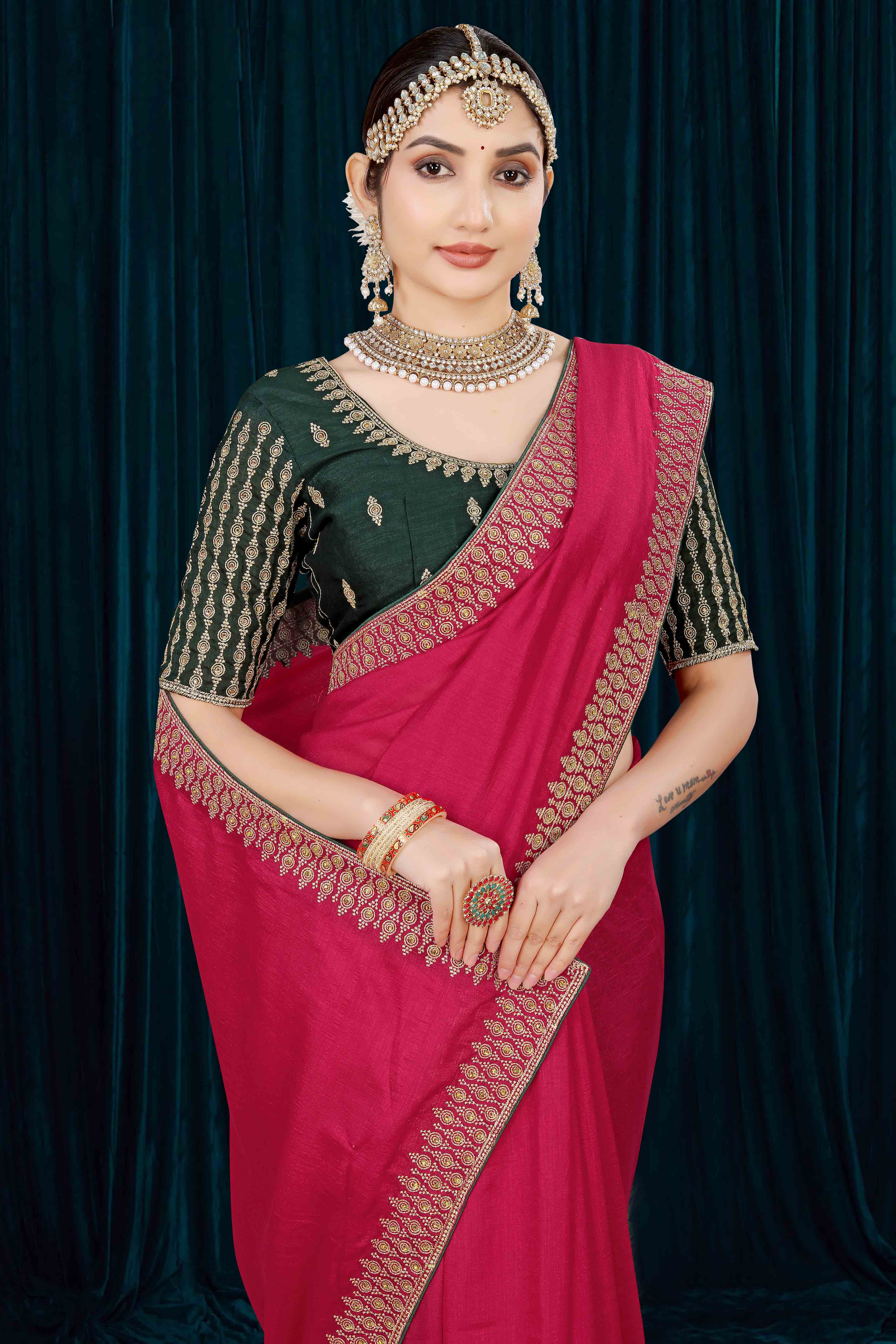 Pink Solid With Zari Embroidered Vichitra Silk Saree