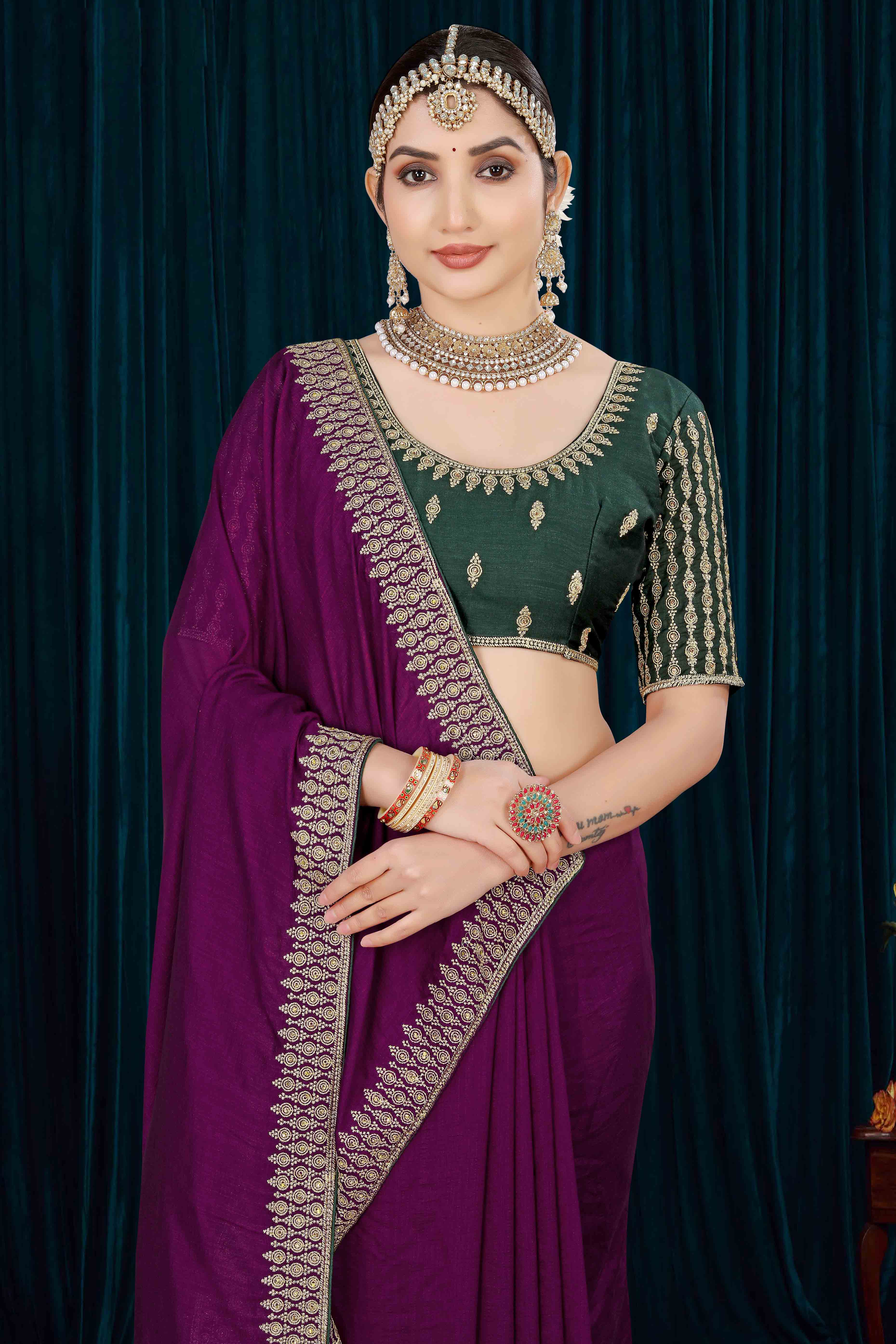 Wine Solid With Zari Embroidered Vichitra Silk Saree