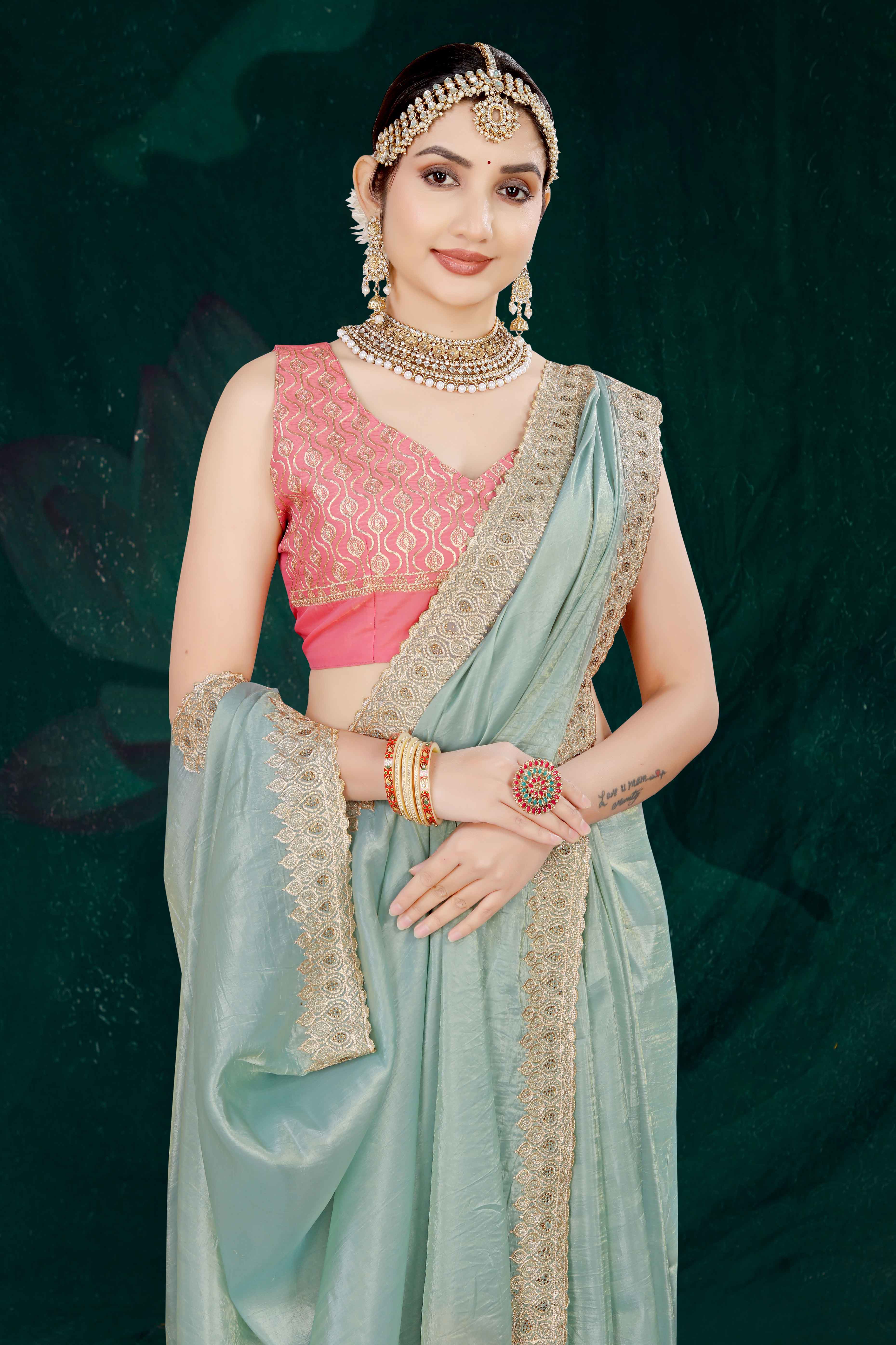 Blue Solid With Swarovski Work Tissue Gold Crush Saree