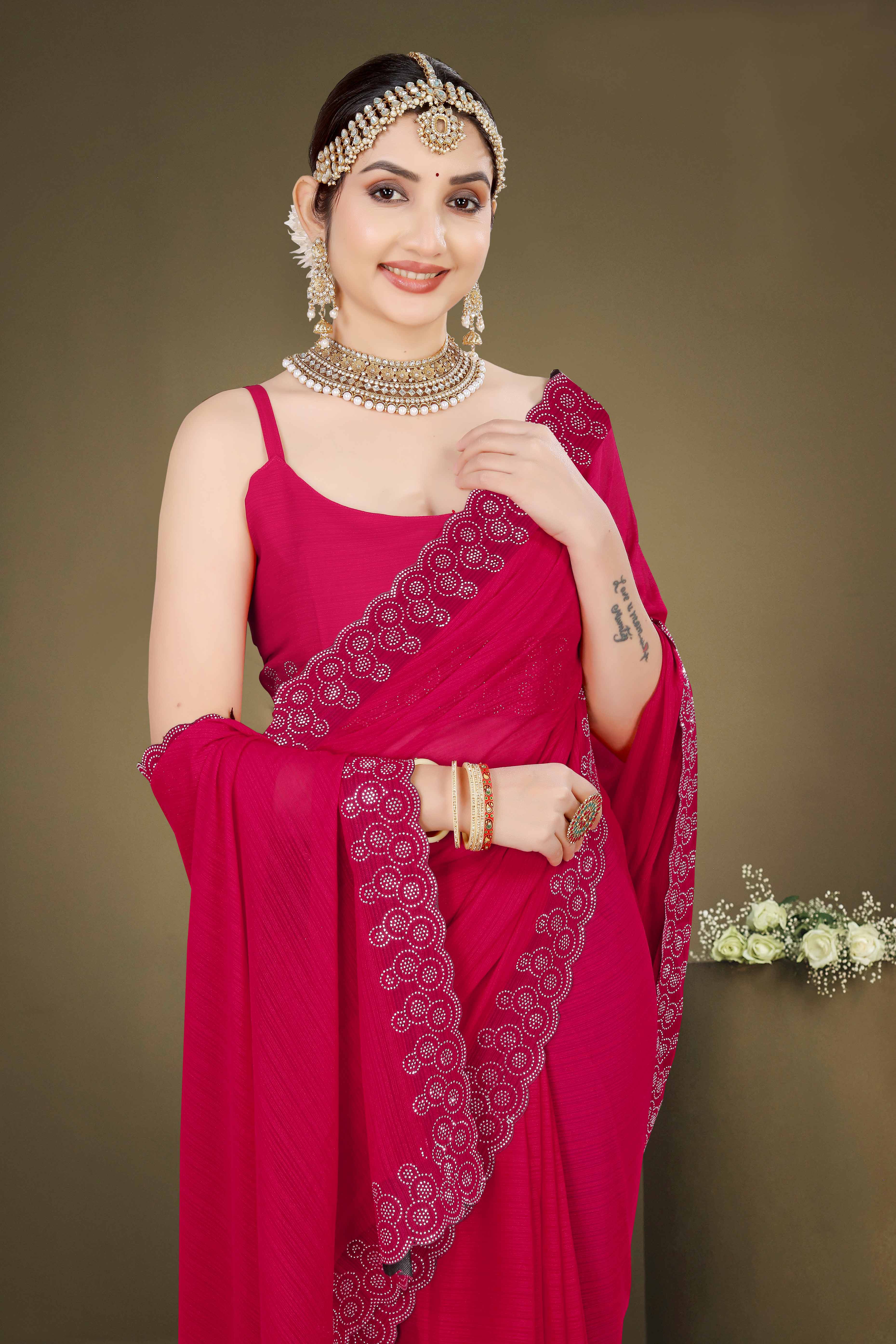Rani Pink Solid With Swarovski Work Chiffon Saree