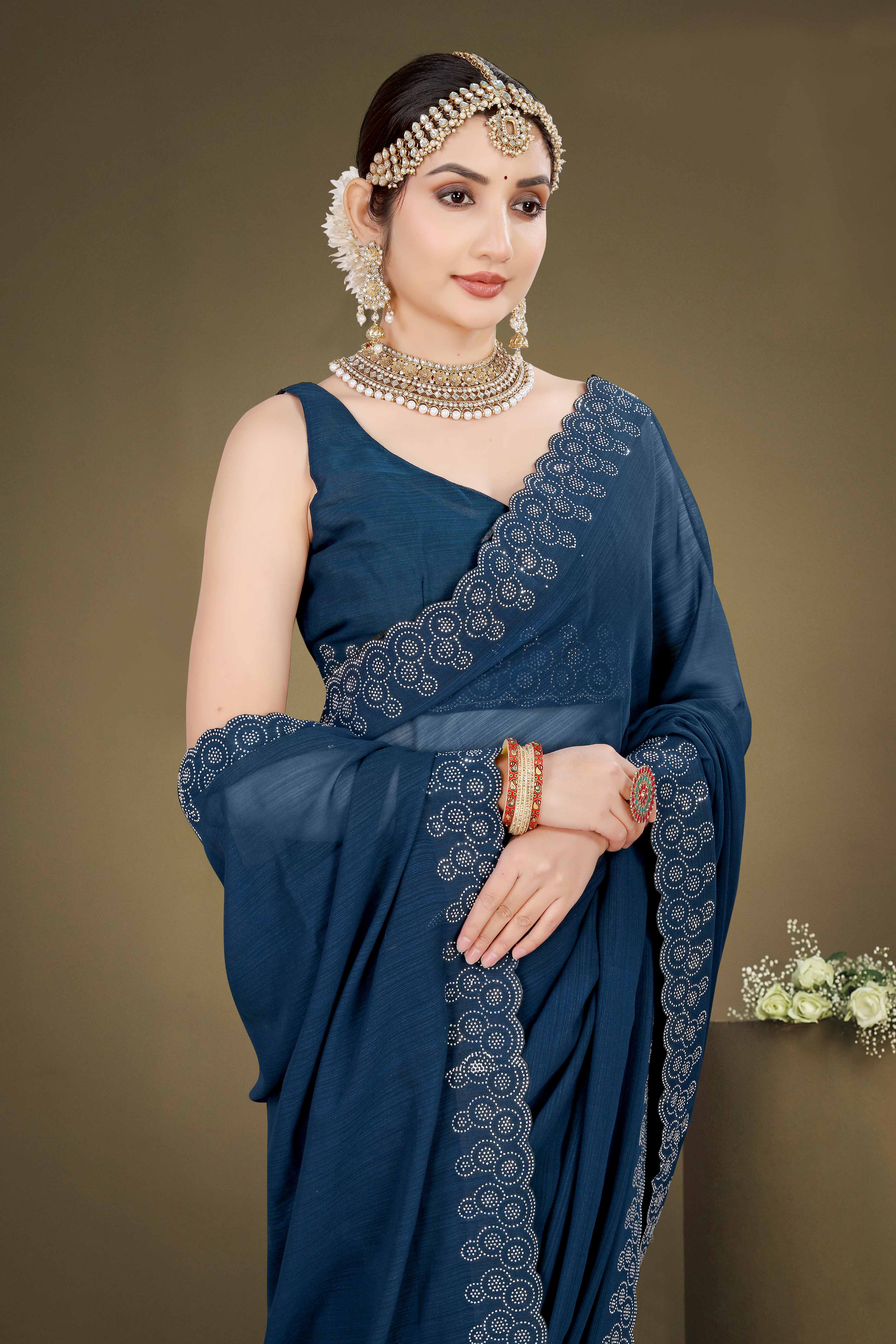 Blue Solid With Swarovski Work Chiffon Saree