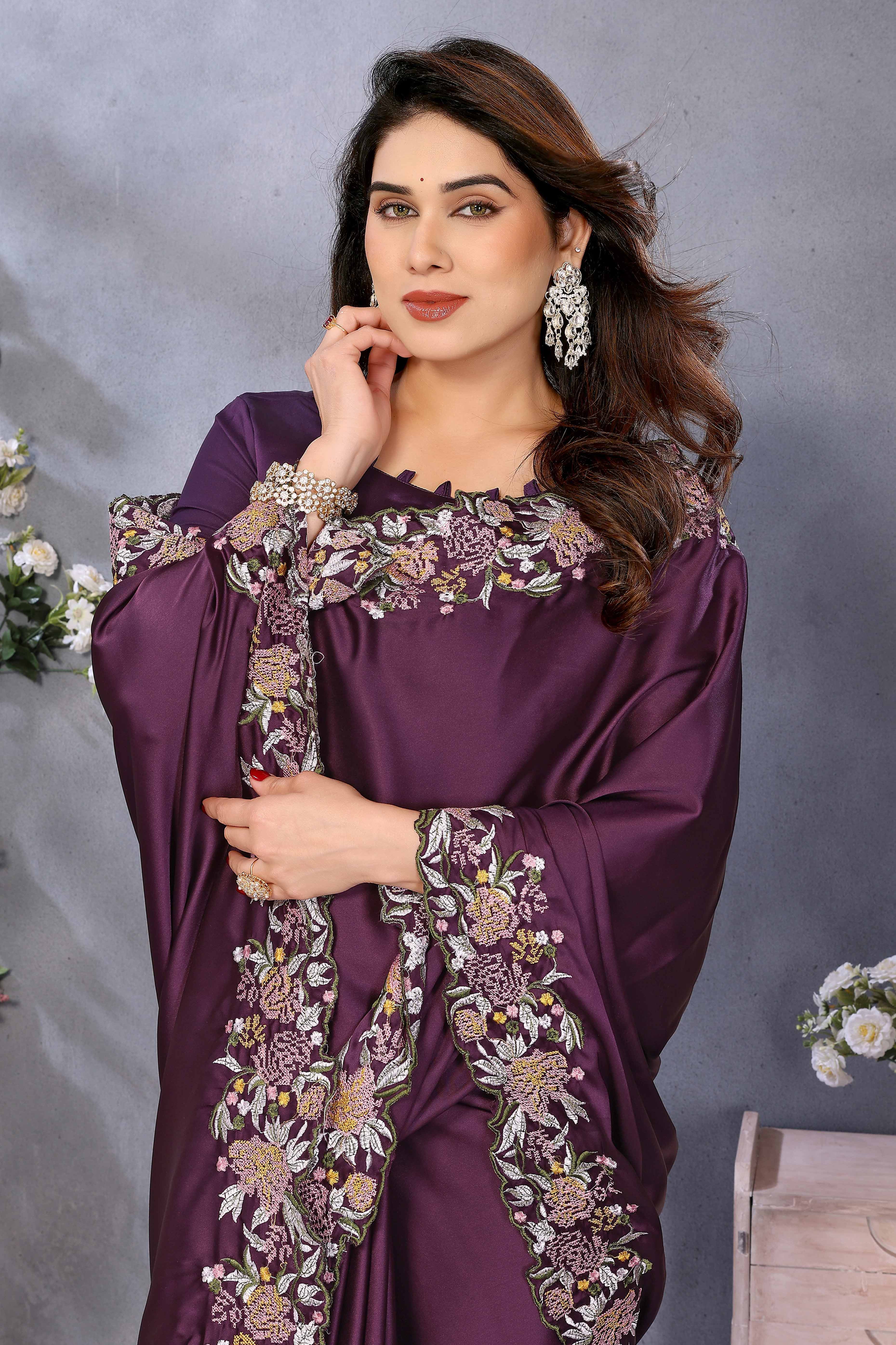 Deep Wine Satin Saree Featuring Floral Embroidery and Elegant Resham Thread Work