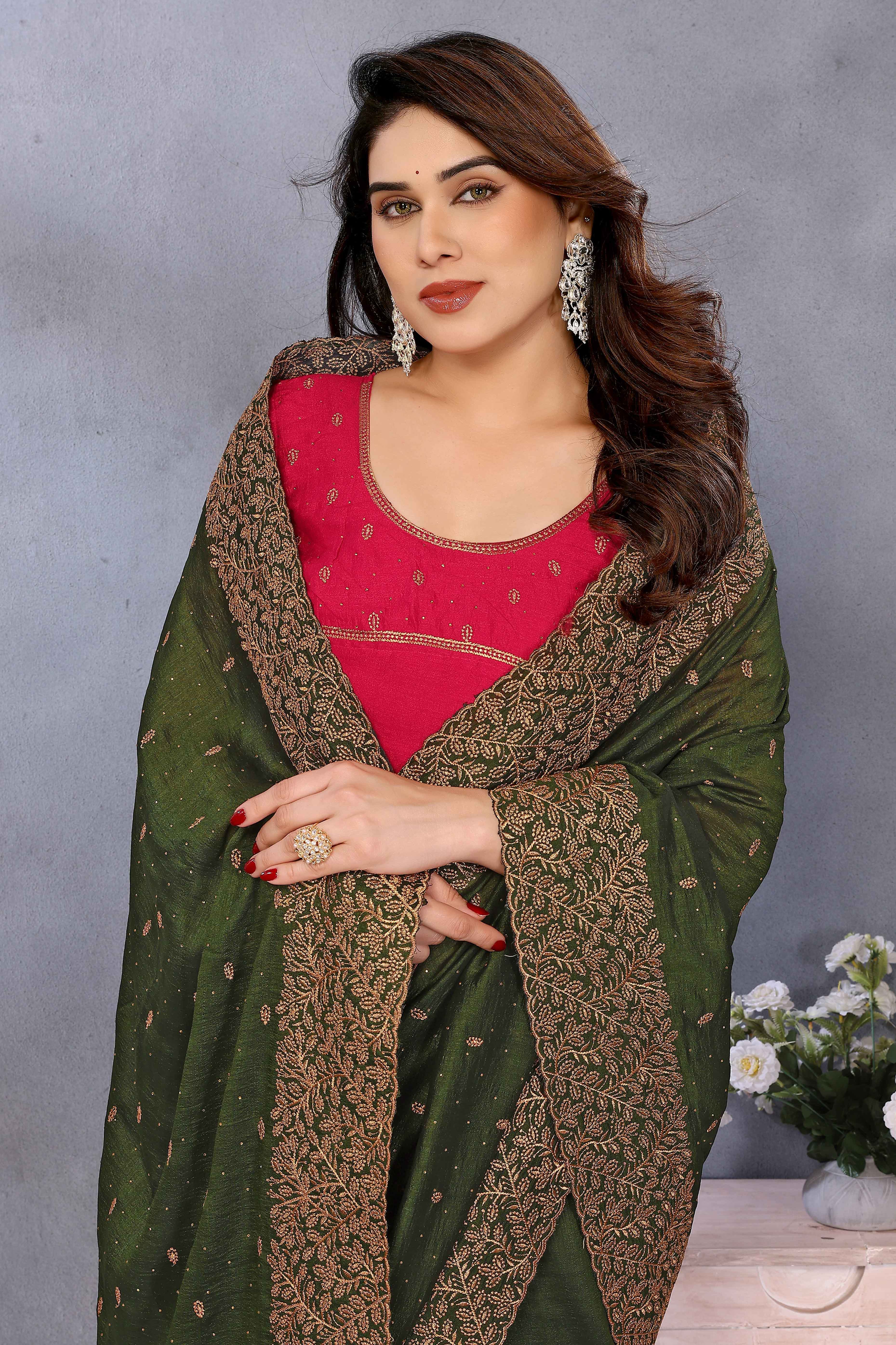 Mehendi Green Vichitra Silk Saree with Zari Embroidery and Stone Work