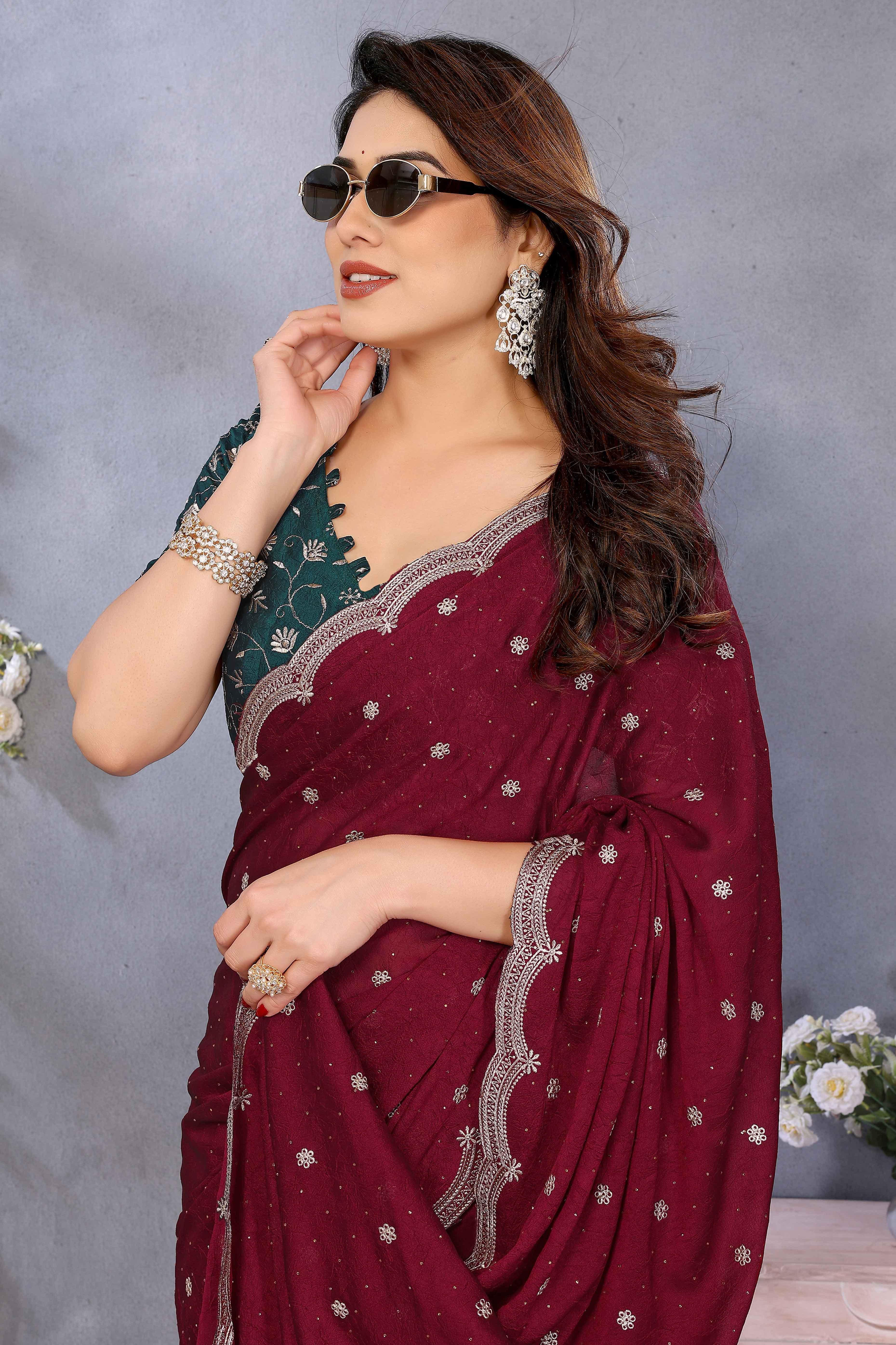 Elegant Wine Silk Blend Saree with Opulent Zari Embroidery and Sparkling Stone Work