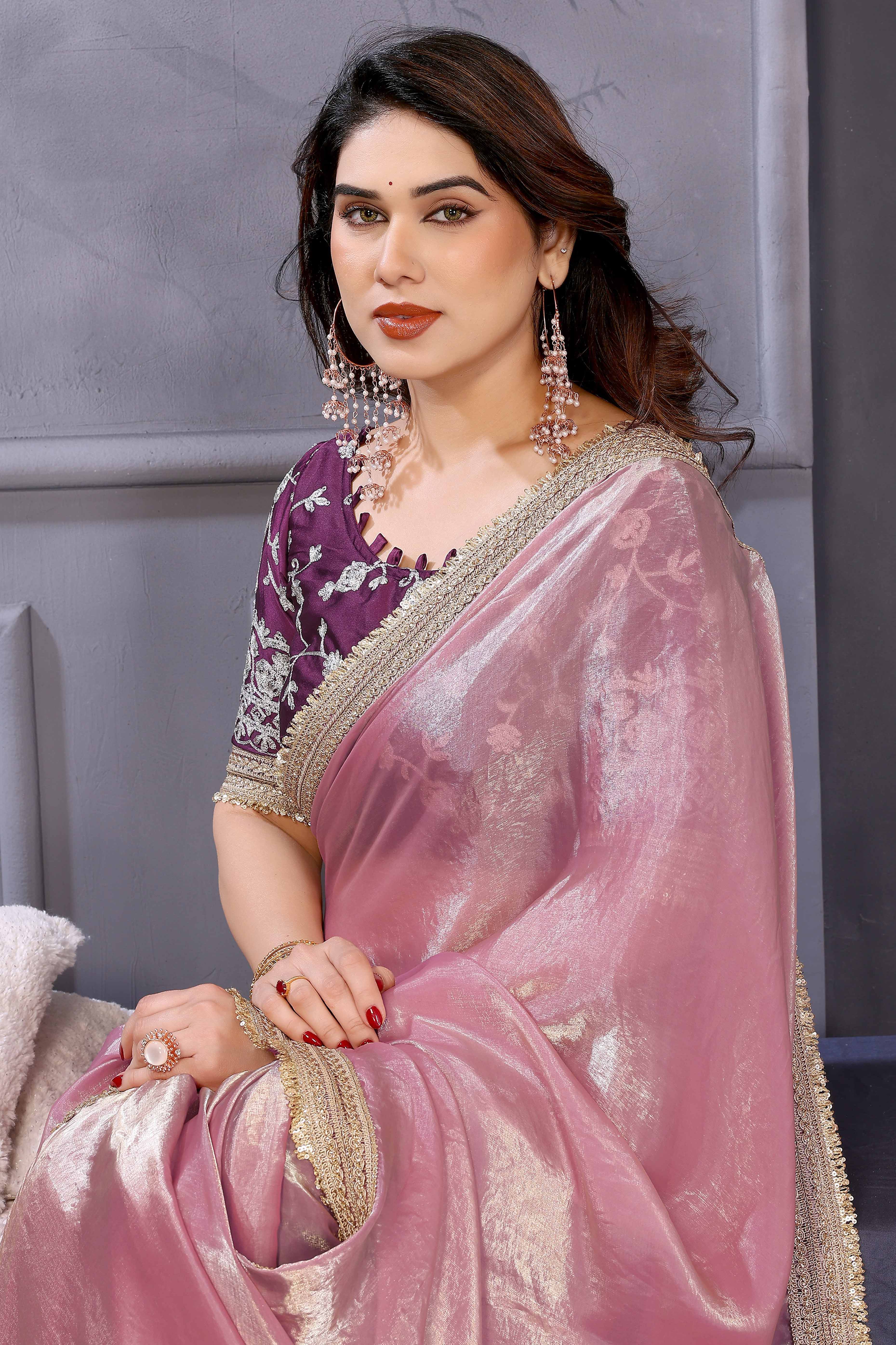 Pink Satin Saree with Solid Finish and Stylish Lace Embellished Border – Feminine and Festive
