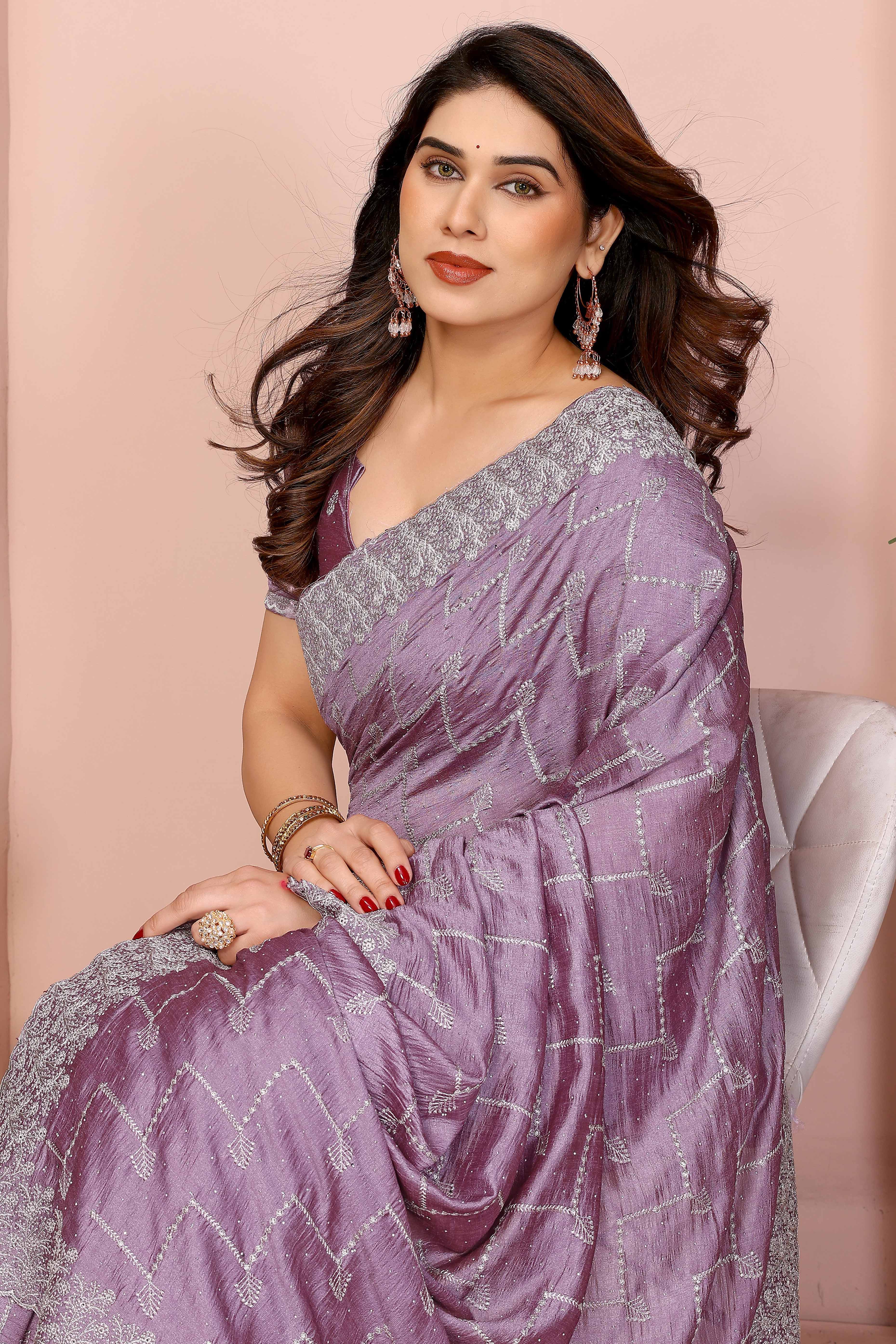 Lavender Vichitra Silk Saree with Traditional Zari Embroidery and Elegant Stone Work