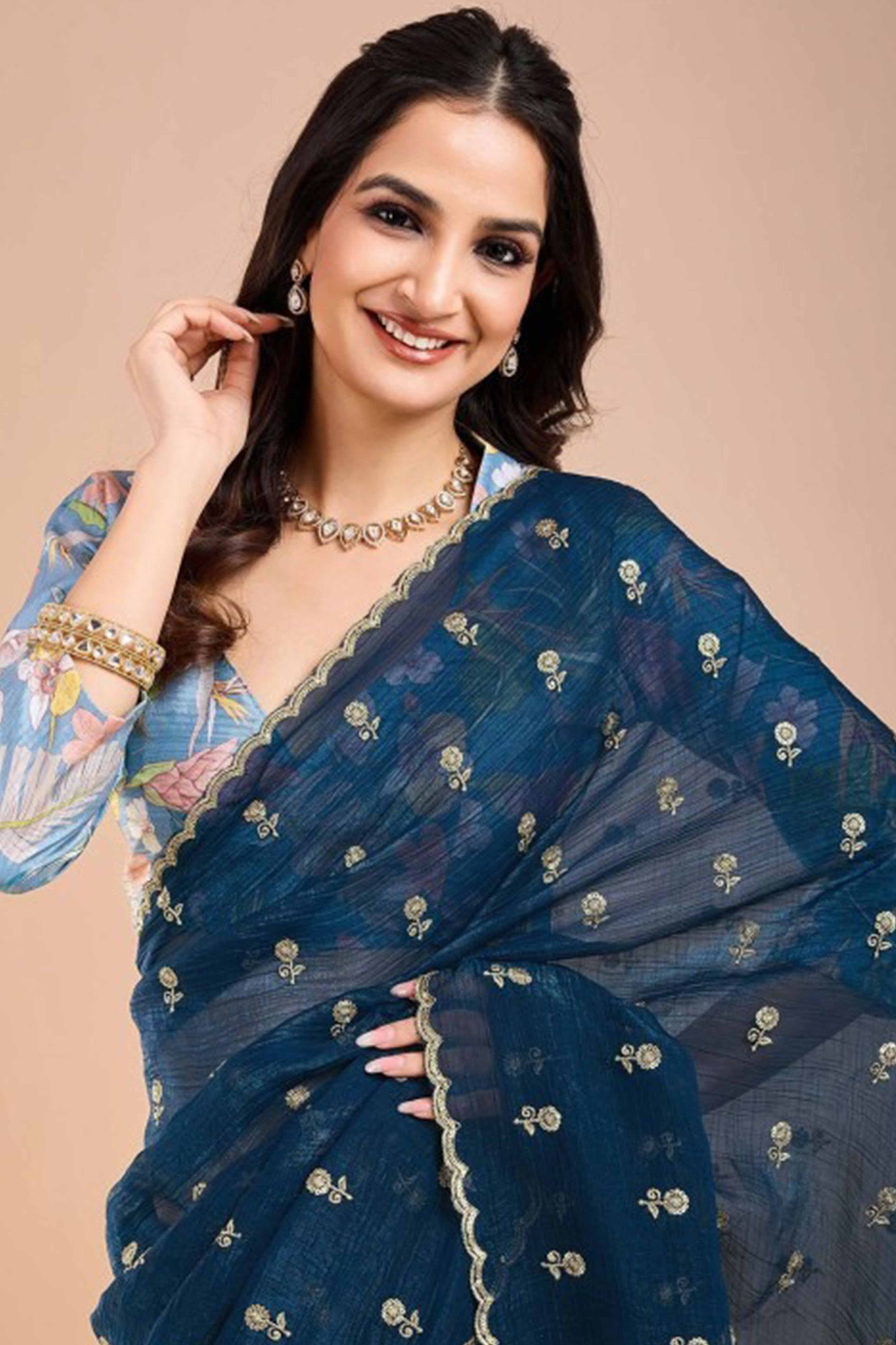 Blue Crunchy Saree Adorned With Floral Sequins Embroidery & Graceful Border Finish
