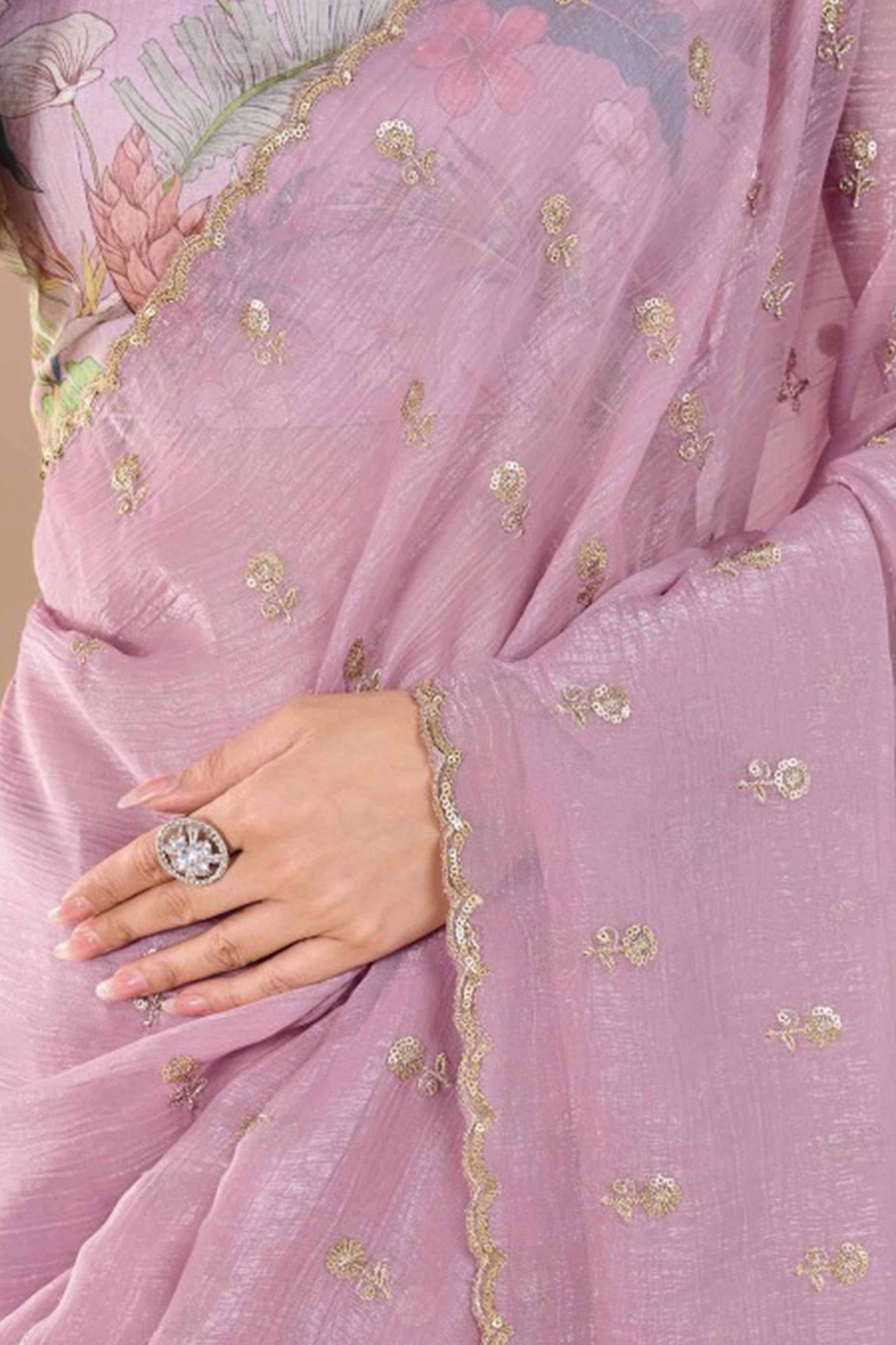 Pink Crunchy Saree Adorned With Floral Sequins Embroidery & Graceful Border Finish