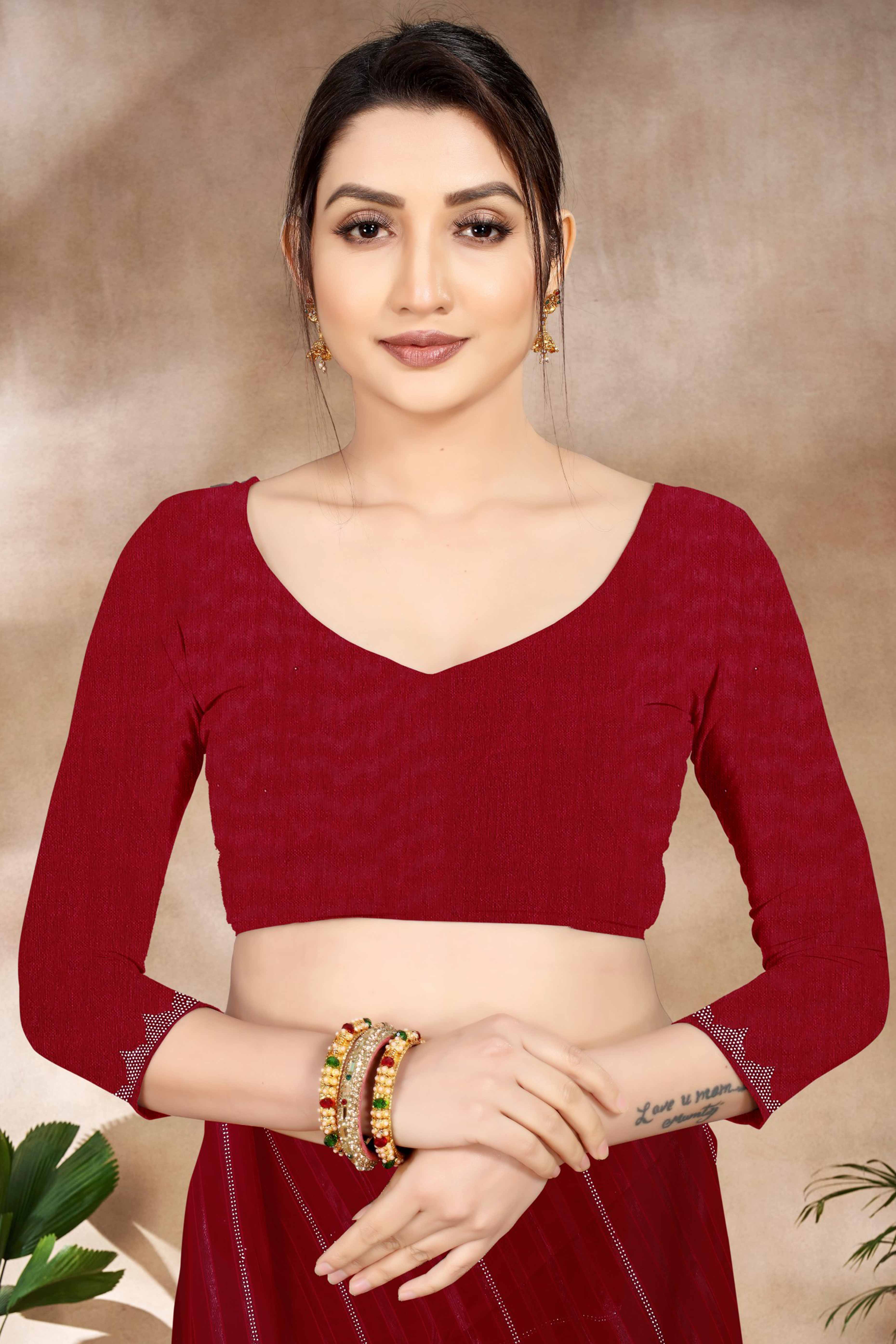 Maroon Chiffon Party Saree Featuring Delicate Stone Embellishments