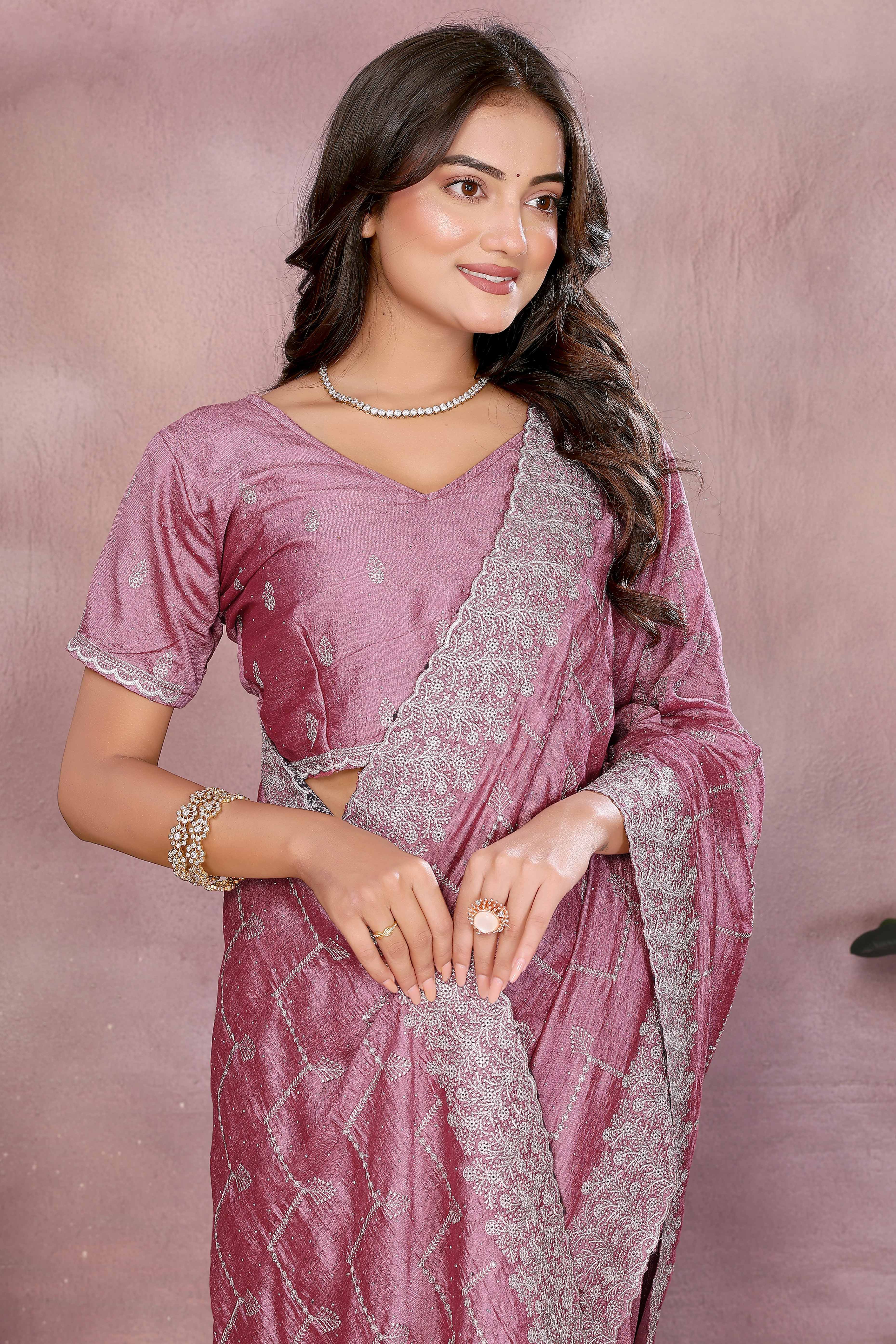 Modern Mauve Embroidered Vichitra Silk Saree for Weddings and Festive Occasions