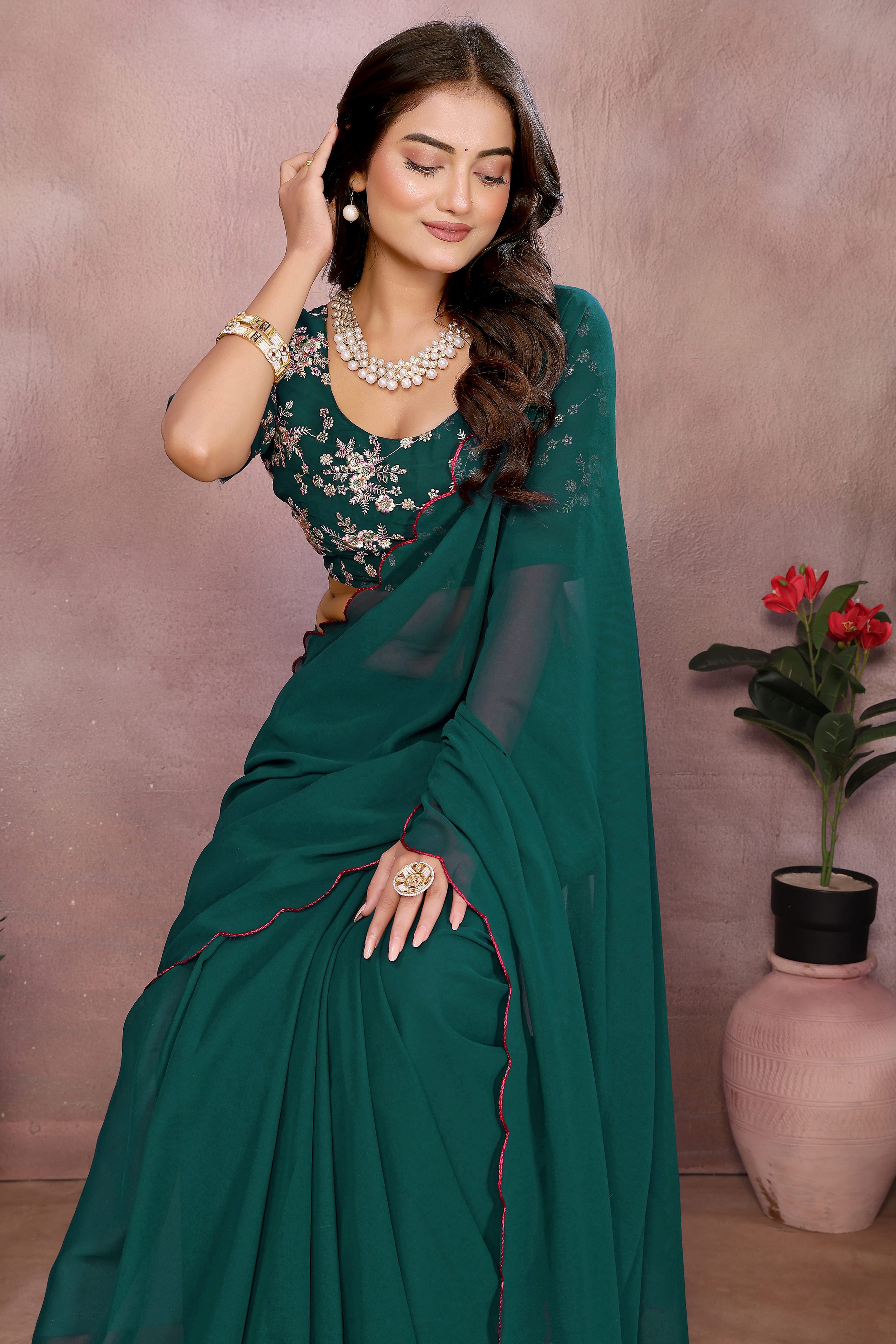 Sophisticated Morpich Green Party Wear Saree in Flowing Georgette Fabric With Embellished Blouse