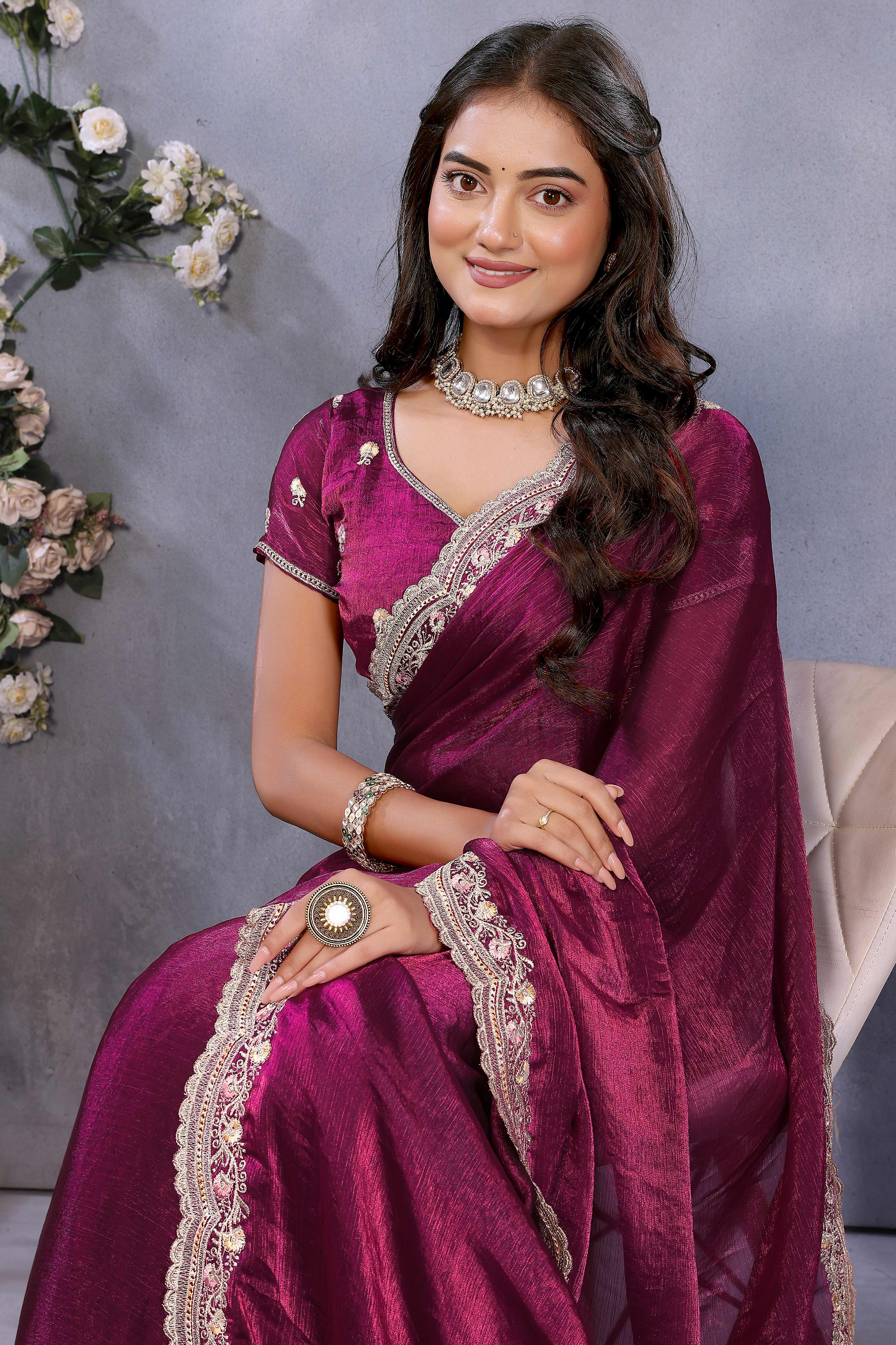 Wine Chiffon Saree with Delicate Embroidered Motifs for Special Occasions