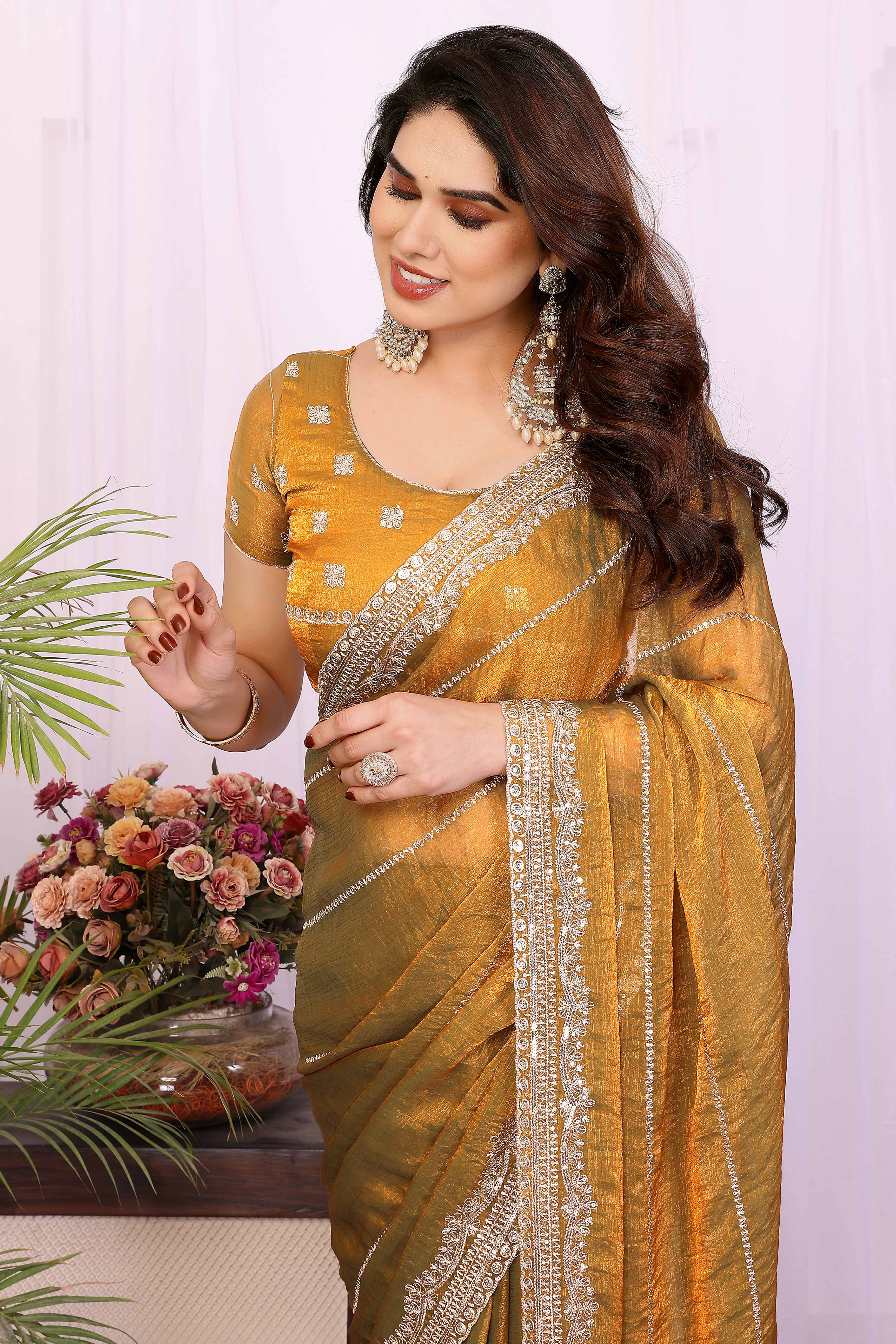 Mustard Sequins Work Embroidered Chiffon Saree Glamorous Partywear with Sparkling Detailing