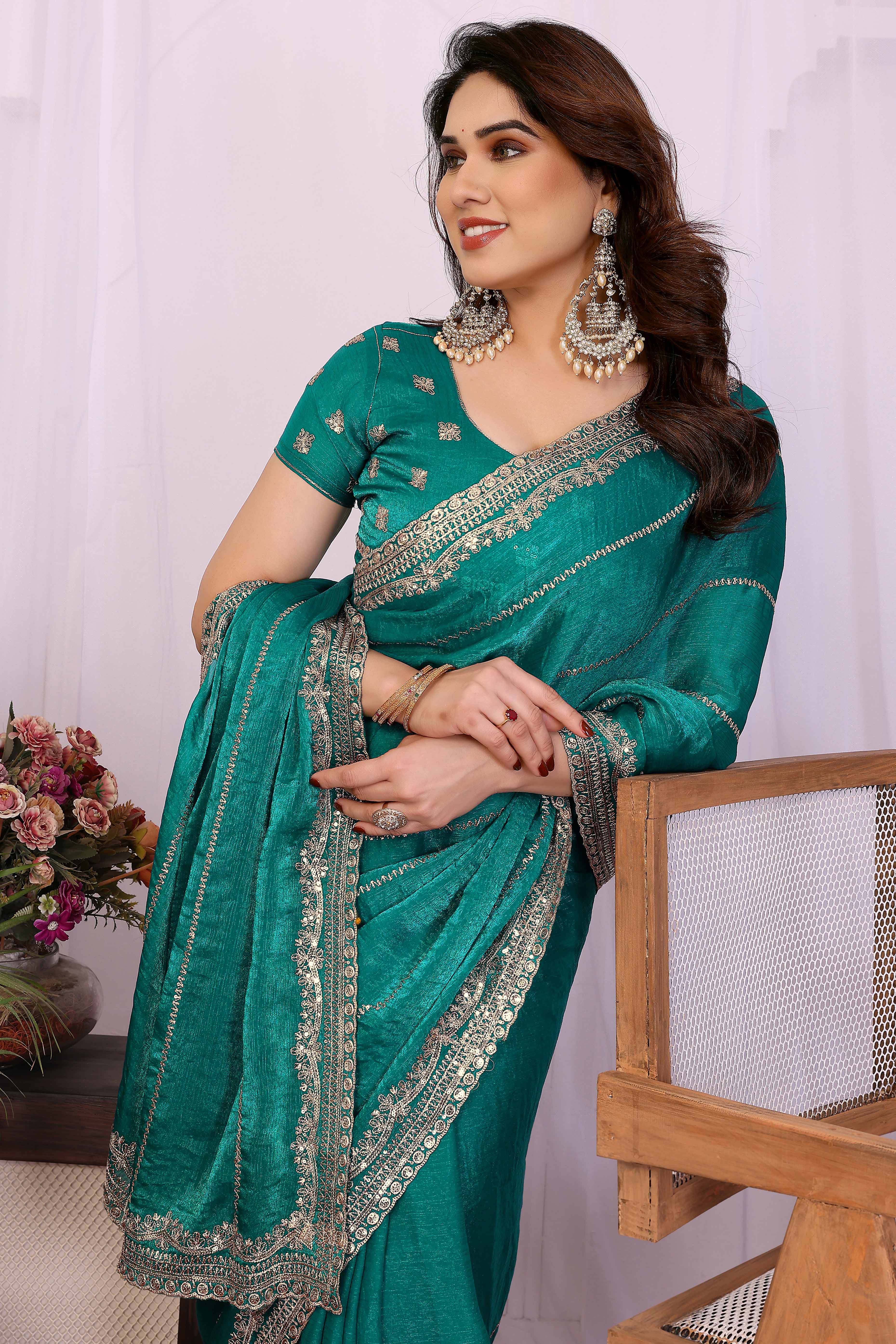 Rama Green Sequins Work Embroidered Chiffon Partywear Saree with Stylish Shimmer Finish