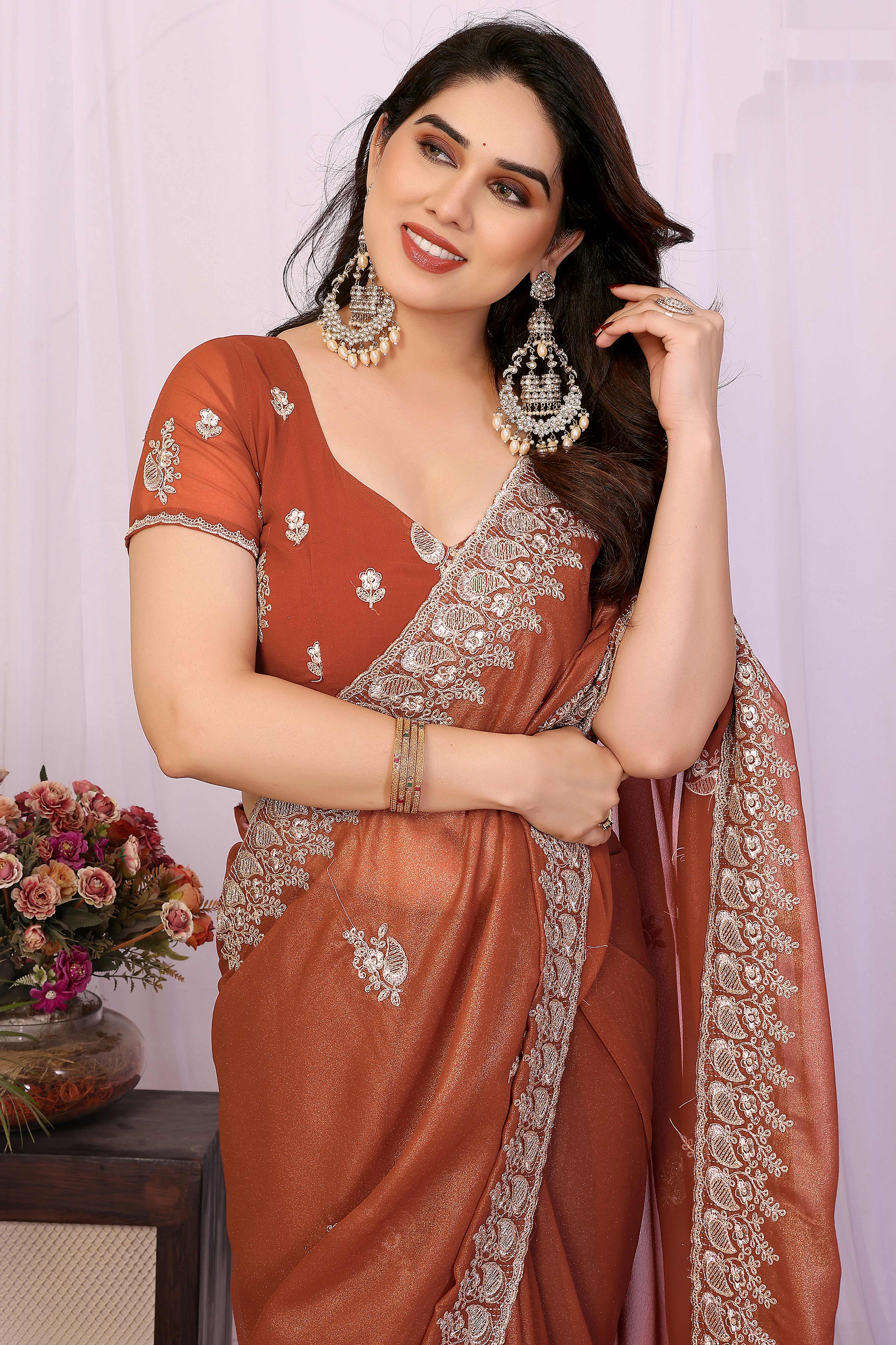 Brown Thread Work Embroidered Georgette Partywear Saree with Classic Designer Appeal