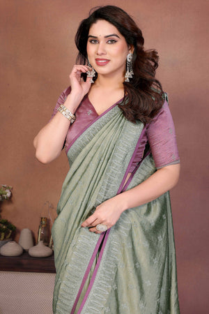 Dusty Green Designer Vichitra Silk Saree Enhanced with Delicate Thread Work Embroidery