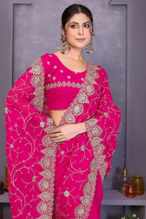 Pink Designer Georgette Saree Enhanced with Delicate Thread Work Embroidery