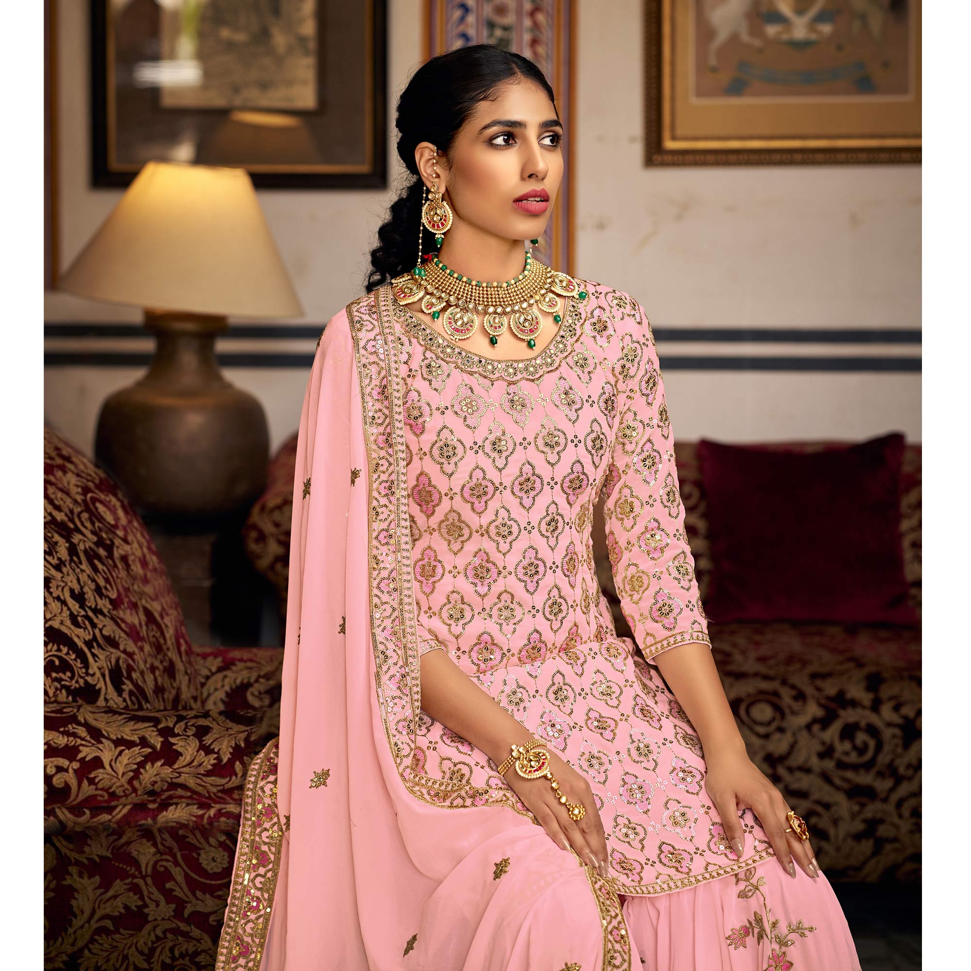 Pink Sequins Embroidered Georgette Semi Stitched Suit