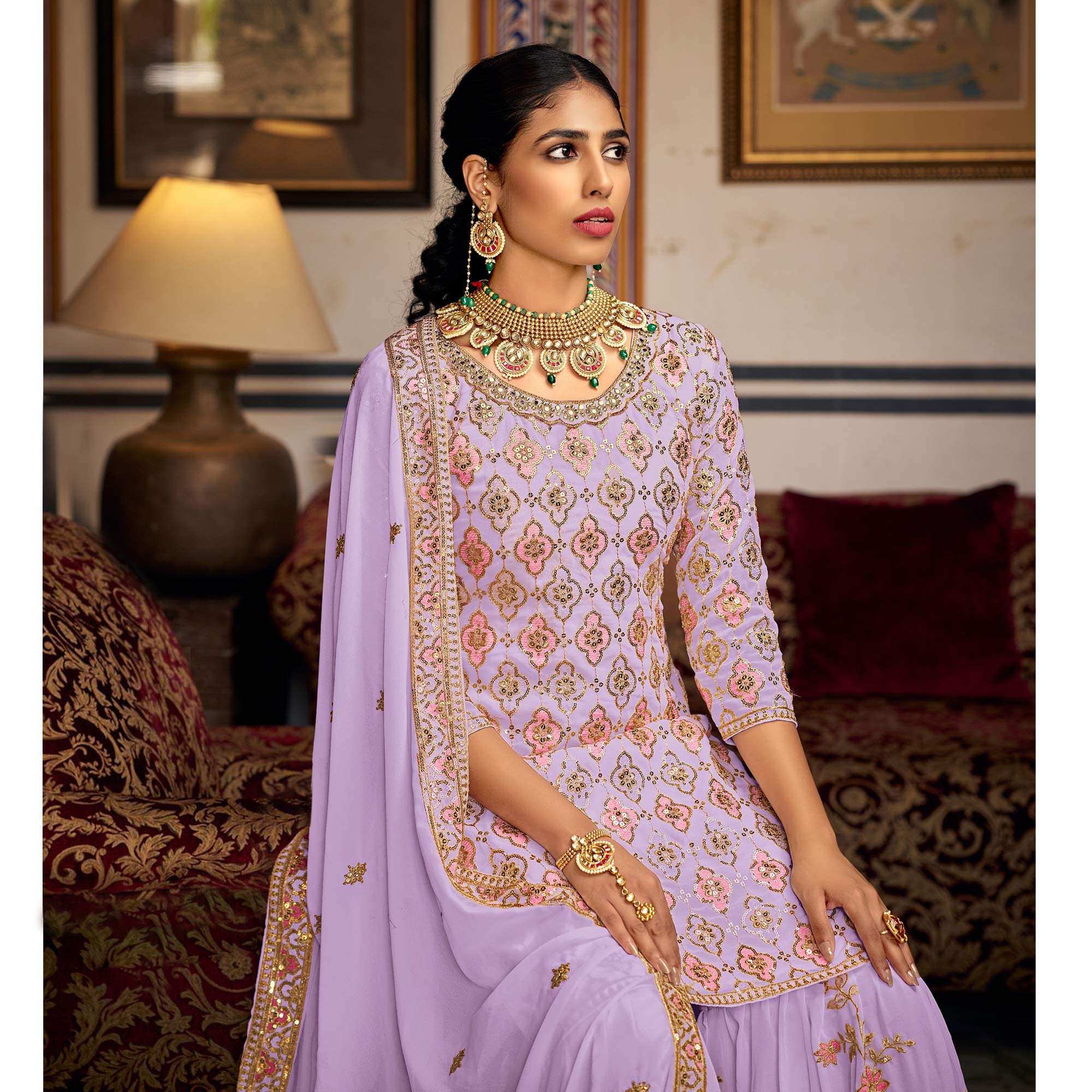 Light Purple Sequins Embroidered Georgette Semi Stitched Suit