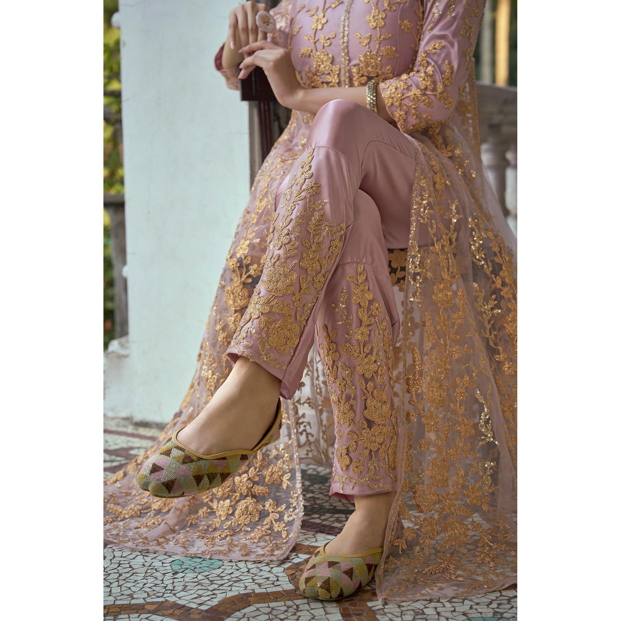 Mauve Floral Sequins Embroidered Net Semi Stiched Suit